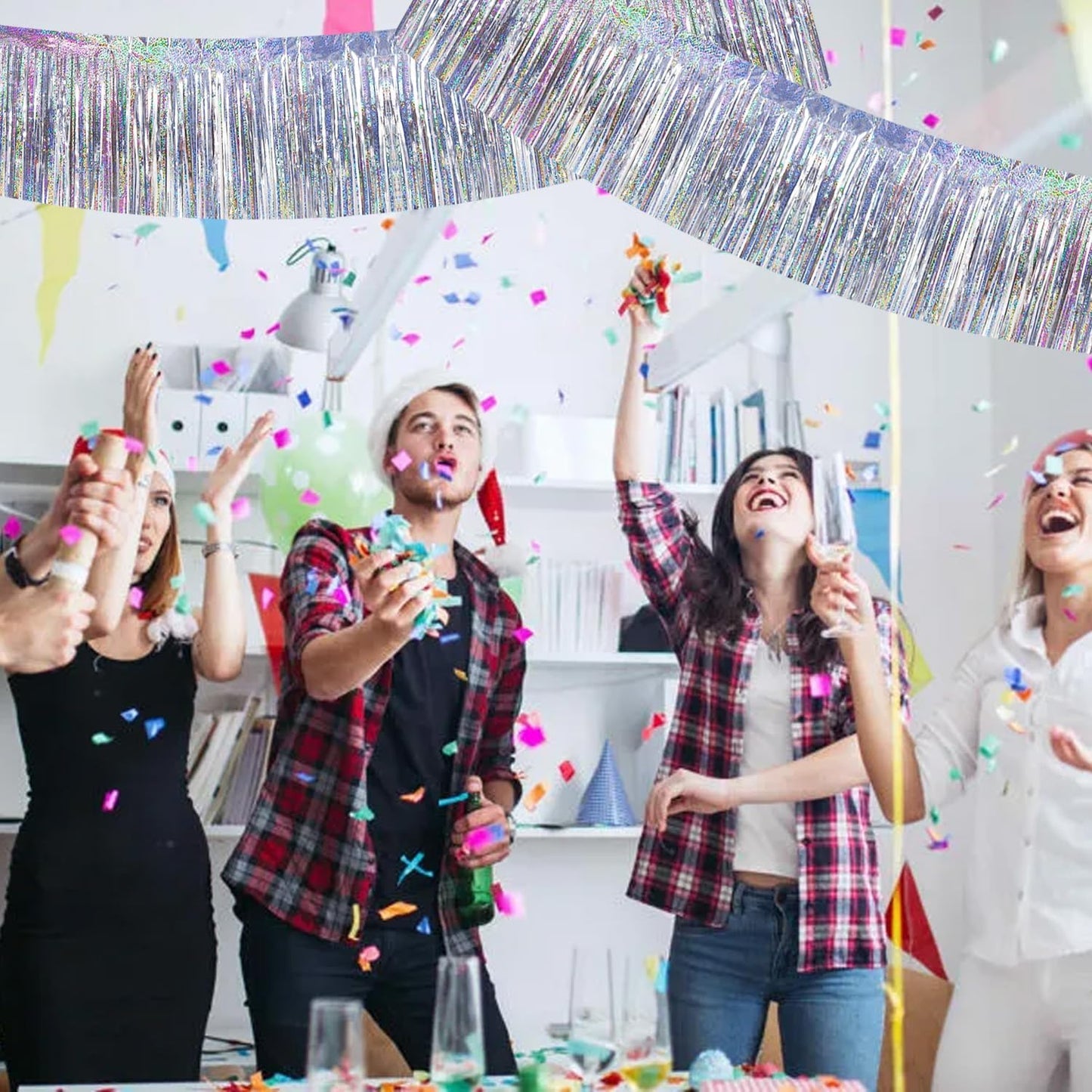 BEISHIDA 3 Packs 30 Feet Metallic Foil Fringe Garland Tinsel Streamers，Laser Silver Wall Hanging Tinsel Fringe Banners for Wedding Birthday Party Decoration Halloween Christmas New Year