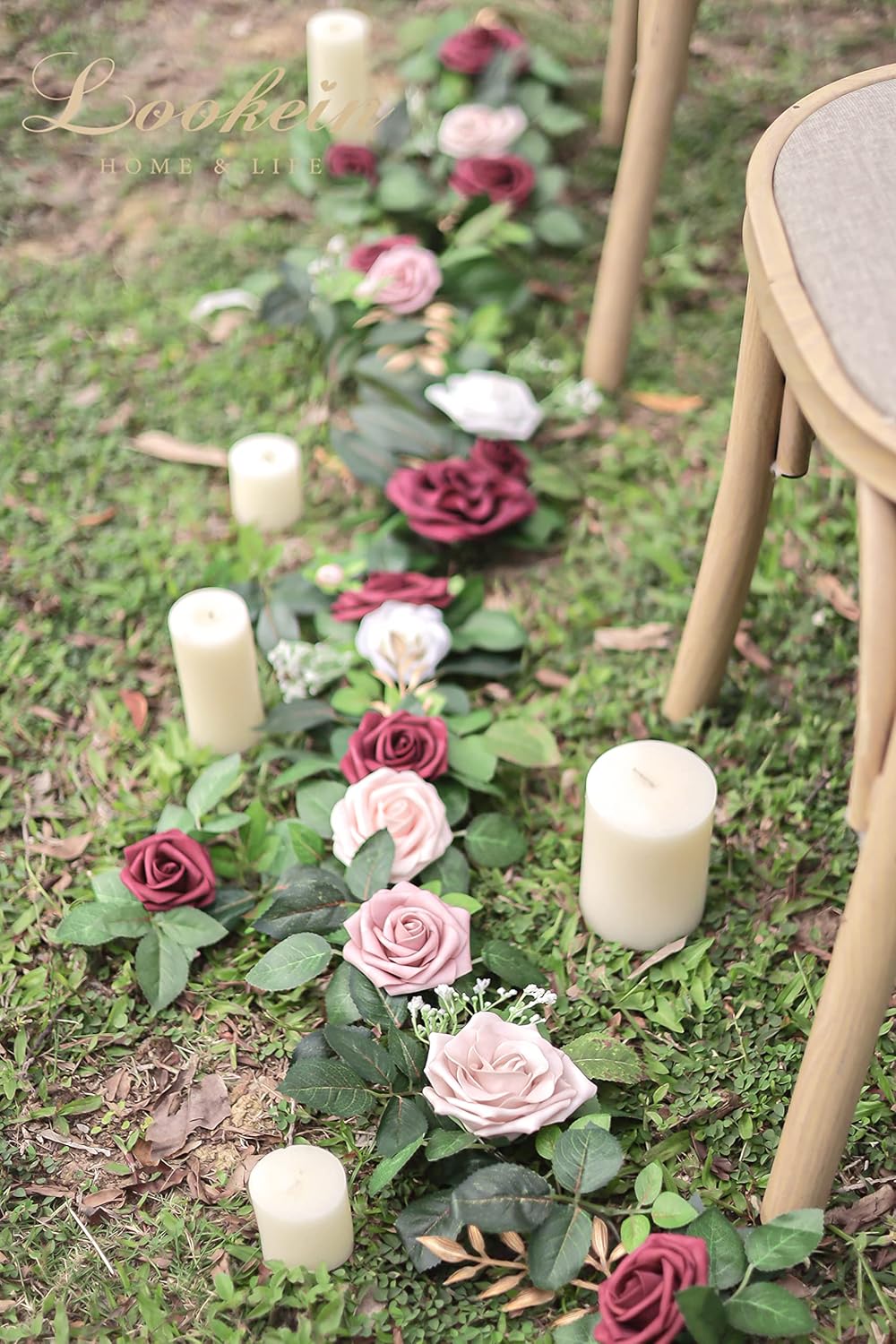 Lookein Artificial Rose Flower Garland Greenery Garland 5FT for Wedding Ceremony Backdrop Arch Flowers Table Centerpieces Decorations, Burgundy