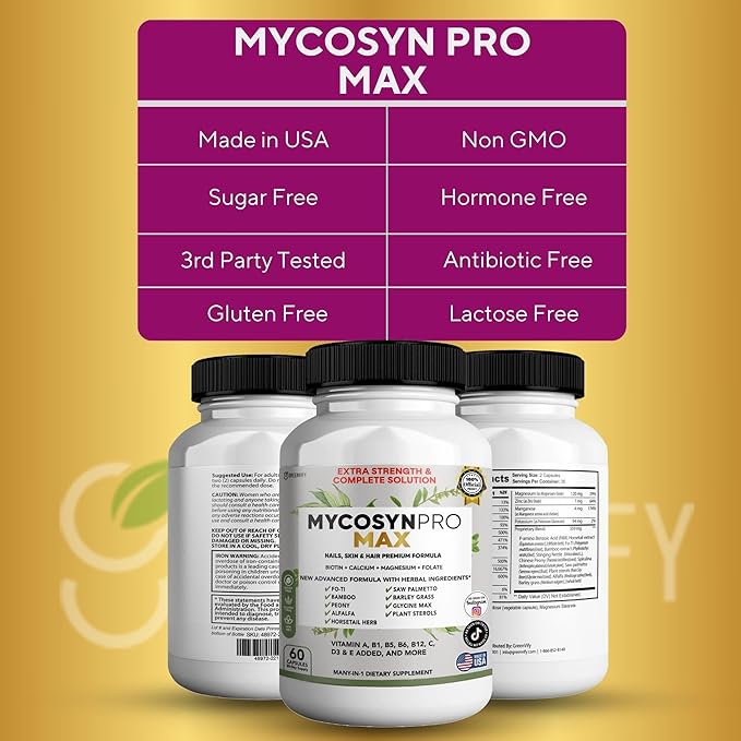 Mycosyn Pro Max Hair Skin Nails Supplement, 60 Capsules, 30 Day Supply, with Biotin 5000mcg, Vitamins A B C D E, Minerals (5)