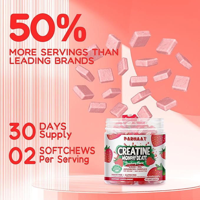 Creatine Monohydrate Chews Complex 6400mg for Men & Women -Advanced Formula W/L-Taurine + Vitamin B12, Sugar Free Chewable Supplement,60 Strawberry Softchews