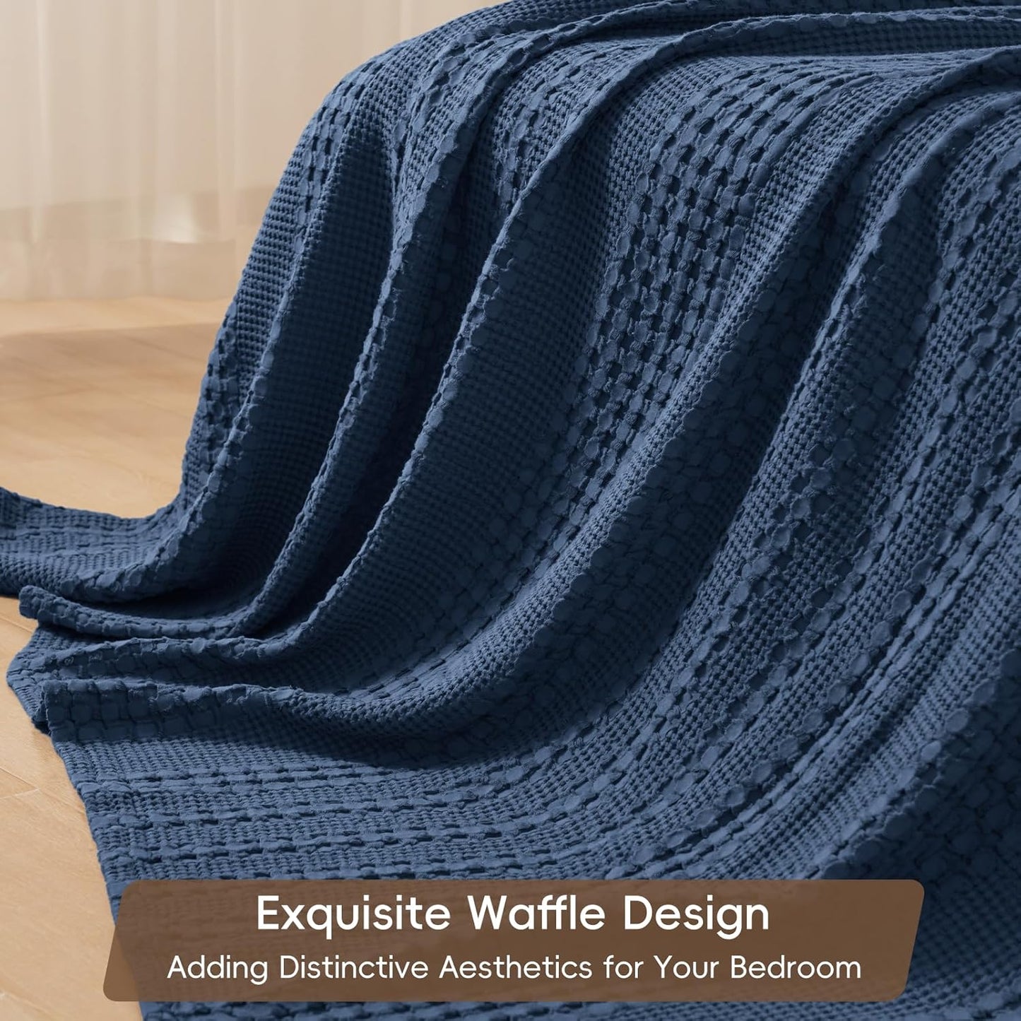 PHF 100% Cotton Waffle Weave Blanket Queen Size for Bed, Soft Lightweight & Breathable, All-Season Comfort, Luxury Aesthetic Woven Bedding for Home Decor, 90"x90", Bright Navy Blue