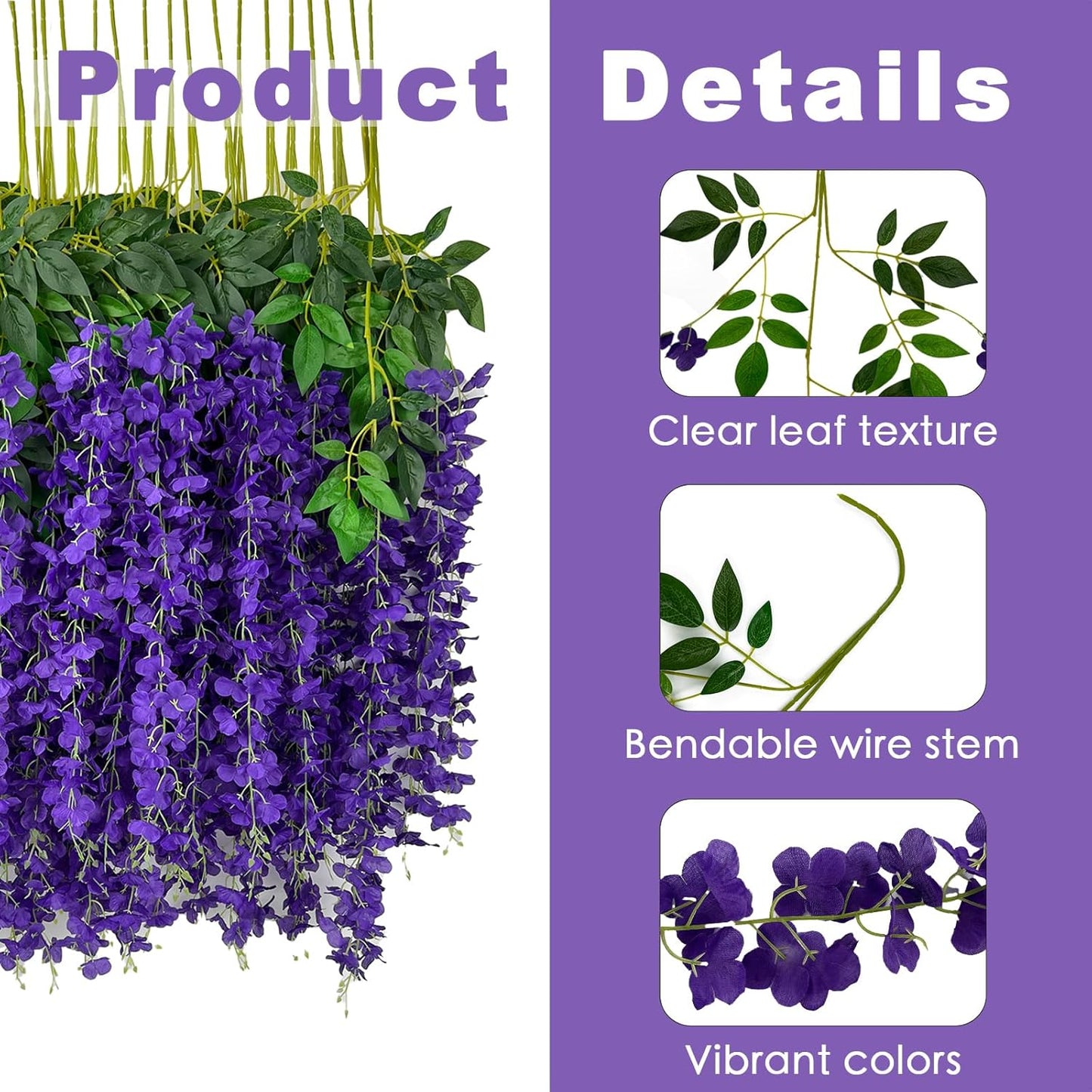 48 Pcs of Wisteria Hanging Flowers, 3.75 Ft Fake Wisteria Flower Strings, Artificial Wisteria Flowers Hanging Garland for Backdrop, Wedding, Ceremony,Garden and Home Wall Decoration (Dark Purple)