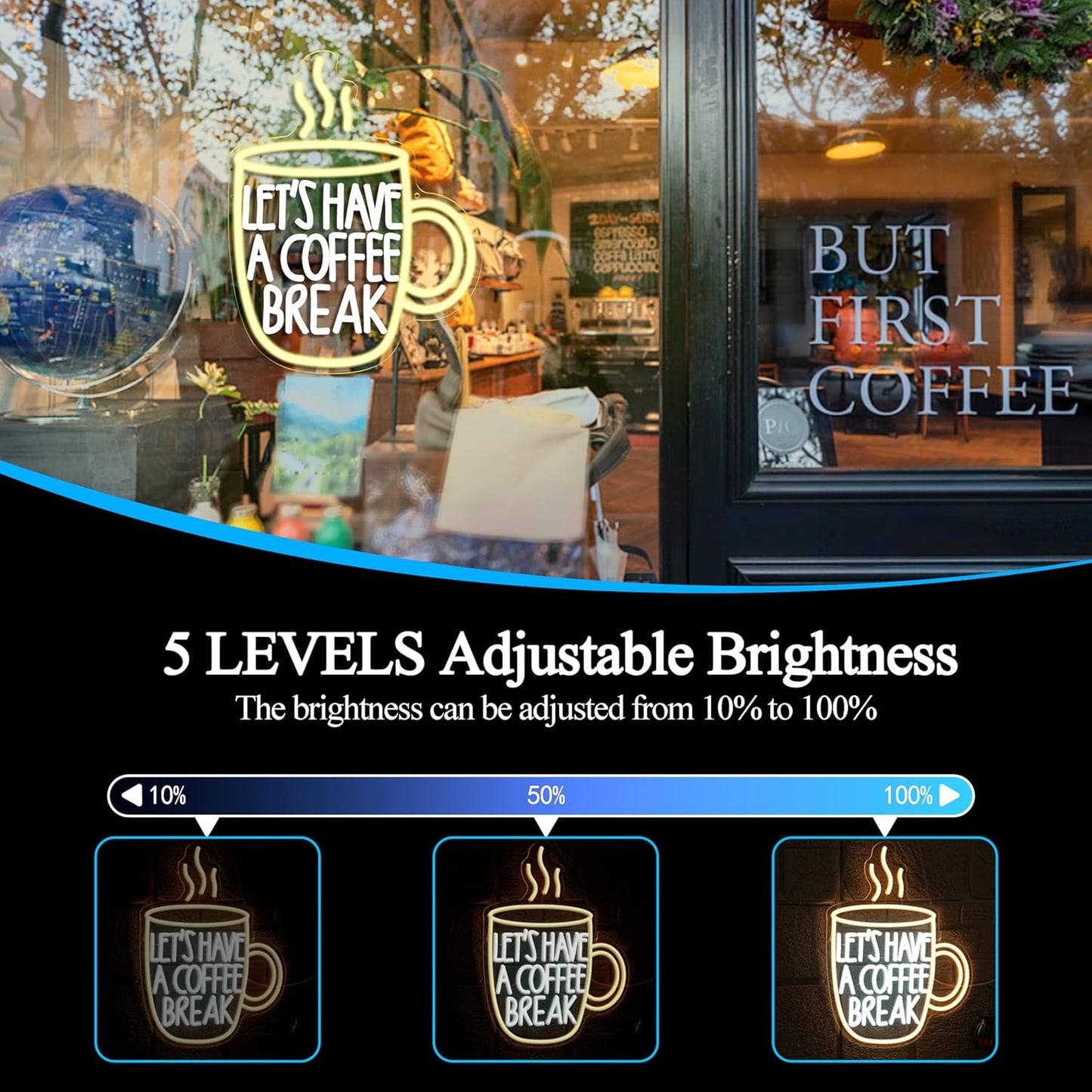 Let’s Have A Coffee Break Neon Sign,Dimmable Coffee Cup Led Light Up Sign for Living Room Bistro Party Kitchen(16.54 * 12.6In)