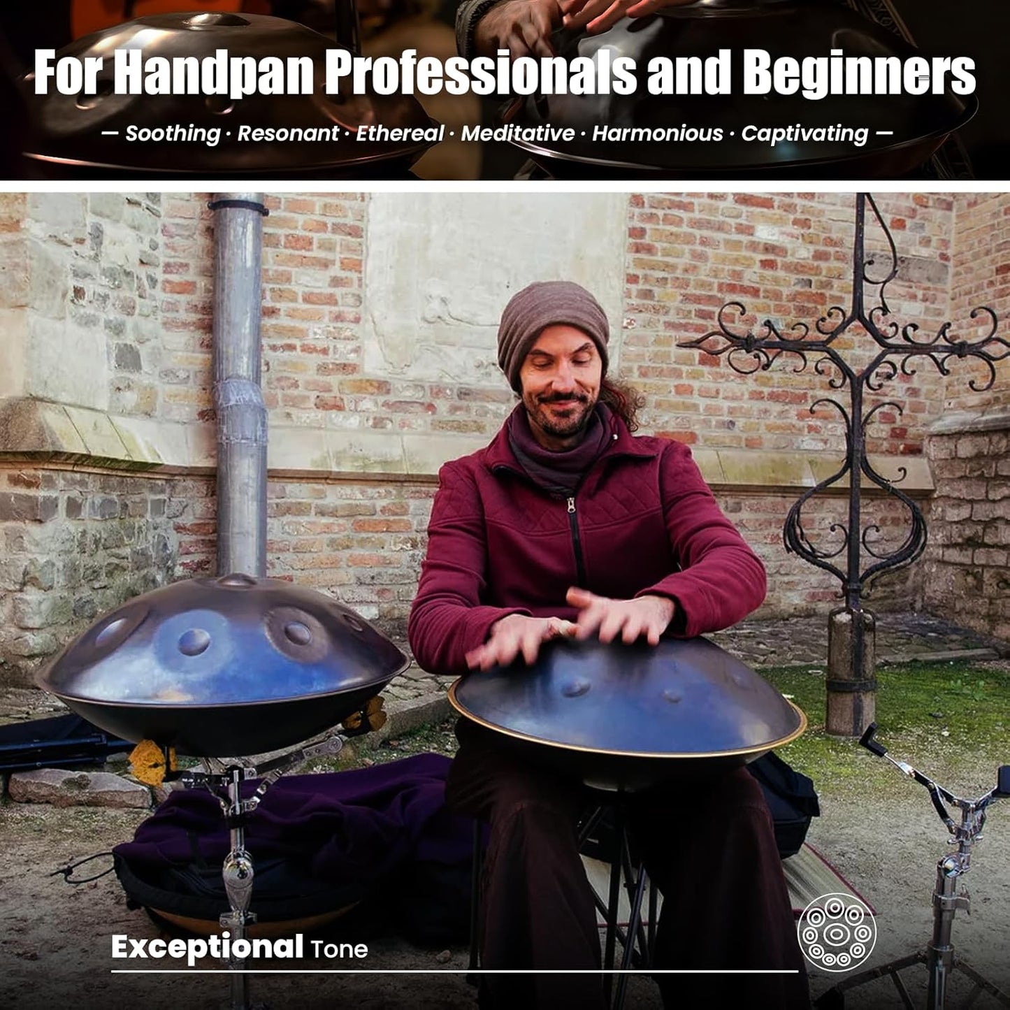 "SINGOFIRE" 10-Notes Handpan Drum, Handpan Drums for Adults, 22-Inch 440Hz D Minor Kurd Handpan, HandPan Instrument with Soft Handpan Bag, 2 Handpan Mallets, Handpan Stand and Dust-Free Cloth(Black)