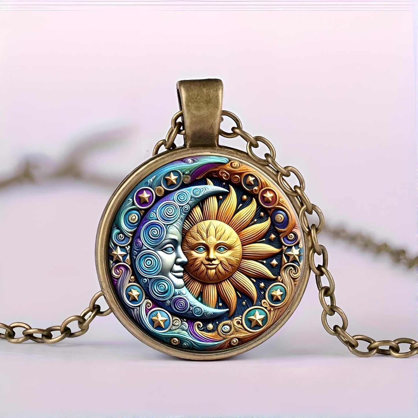 1pc Stunning Round Pendant Necklace - Unique Sun & Moon Pattern, Oil Painting Style Glass Mosaic, Alloy Construction, Trendy Sweater Chain, Fashionable Gift for Women - Christmas or Birthday Gift