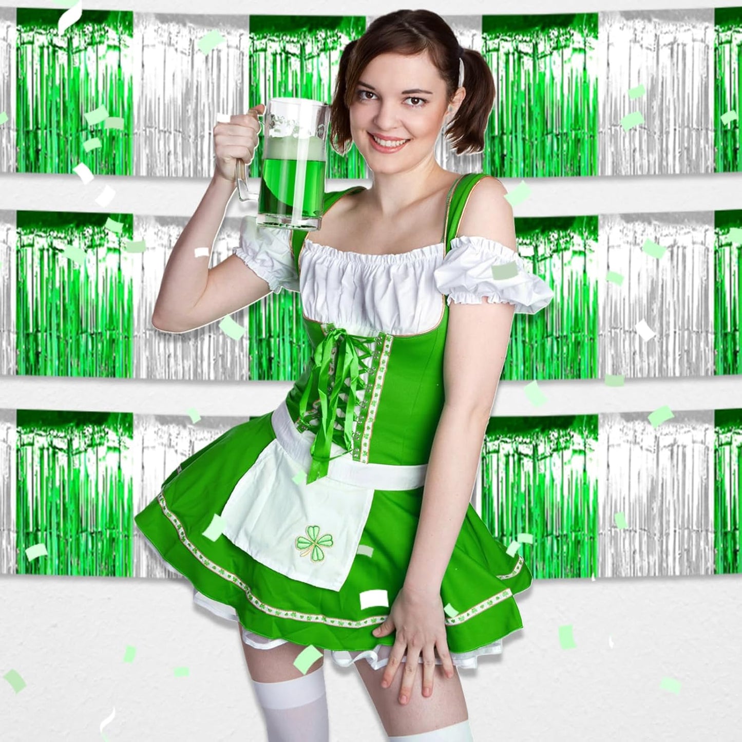 3 Pack 10 Feet Silver Green Foil Fringe Garland Metallic Tinsel Streamers Banner Wall Hanging Curtain Backdrop for Parade Floats, Mother's Day, Wedding, Graduate, Easter, Birthday Party Decorations