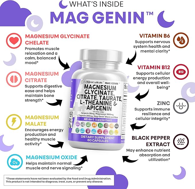 Clean Nutraceuticals Magnesium Glycinate Complex 1000mg with L-Theanine 200mg Apigenin 50mg Citrate Taurate Supplement - 5-HTP GABA Passion Flower Lemon Balm L-Glycine Phosphatidylserine - 60 Count