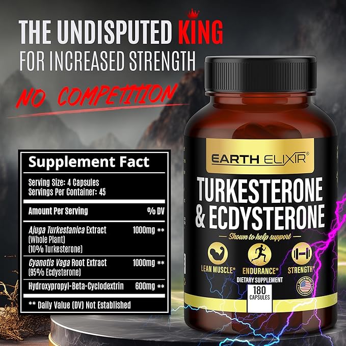 Turkesterone & Ecdysterone – Natural Testosterone Support, 2-in-1 High Potency Turkesterone Supplement for Men & Women with 95% Beta Ecdysterone - Strength, Energy and Vitality – 180 capsules