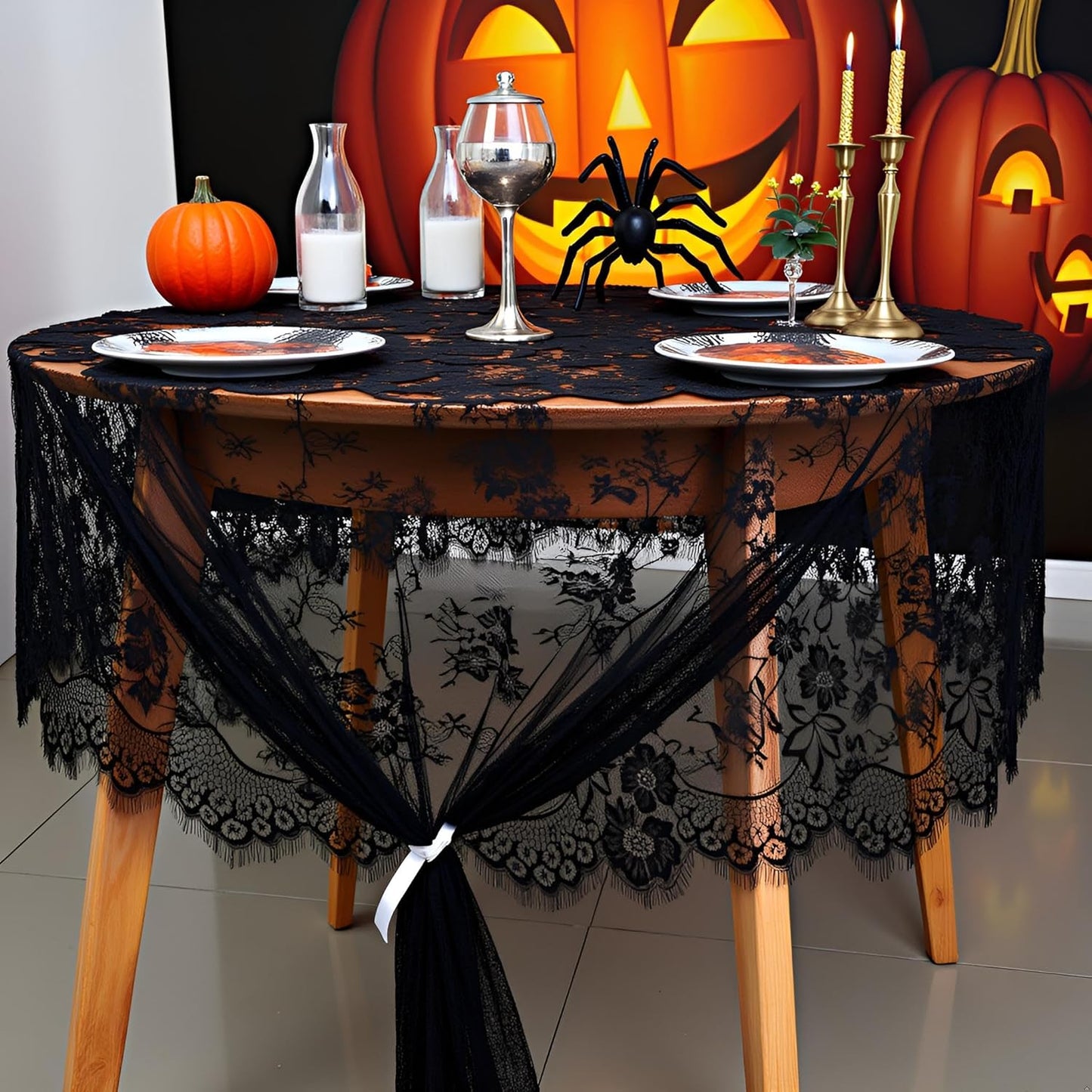 Black Tablecloth Halloween Lace Table Fabric 2pcs 60x120 Inch for Scary Movies Rustic Wedding Bridal Shower Party Decoration Rectangle Overlay Vintage Embroidered Reception Table Cloth Decor