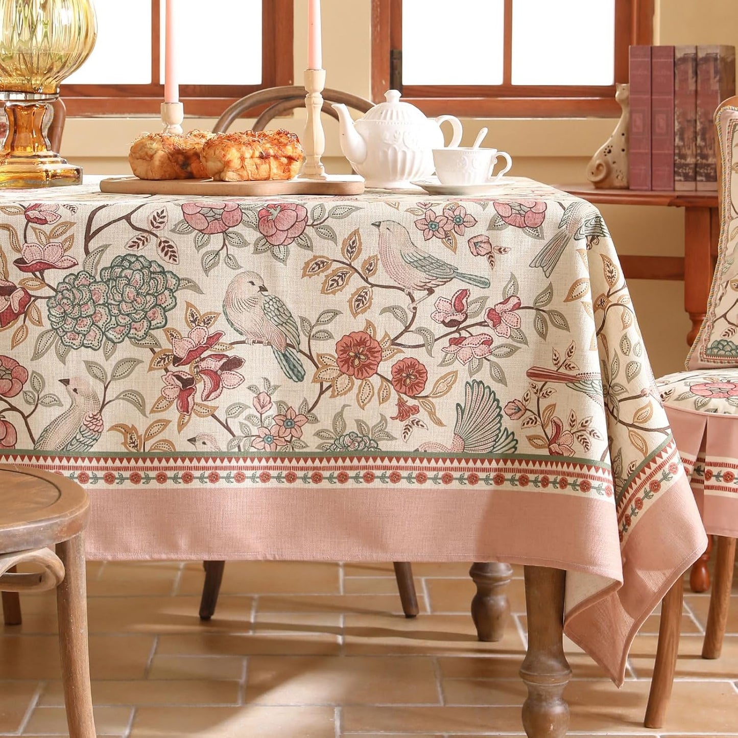 patdrea Designer Pink Linen Table Cloth for Rectangle Table,Vintage Floral with Birds Pattern Decorative Tablcloth,French Table Cover for Kitchen Dining,Thanksgiving,Christmas,63"x94"-Kulom a