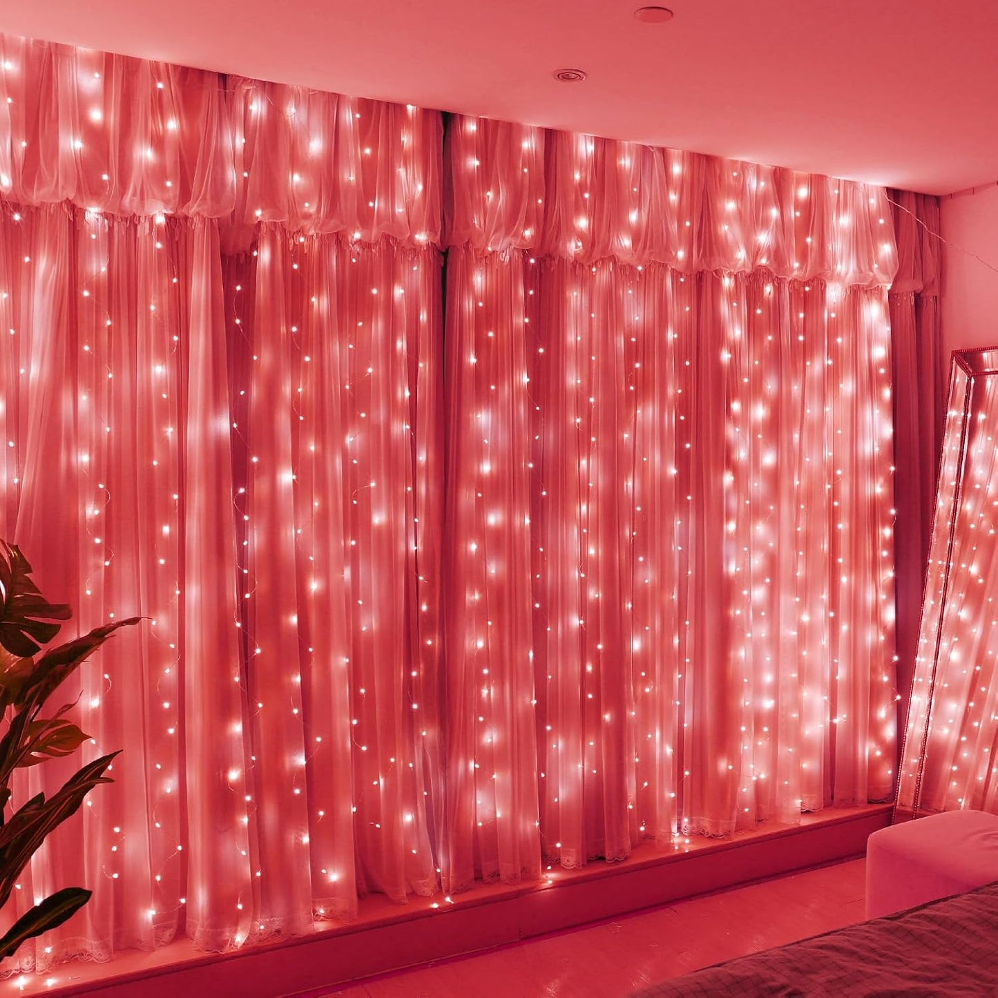 HXWEIYE 300LED Fairy Curtain Lights, 9.8x9.8Ft USB Plug-in 8 Modes Christmas String Hanging Lights with Remote for Bedroom Backdrop Wedding Party Indoor Wall Decor, Red