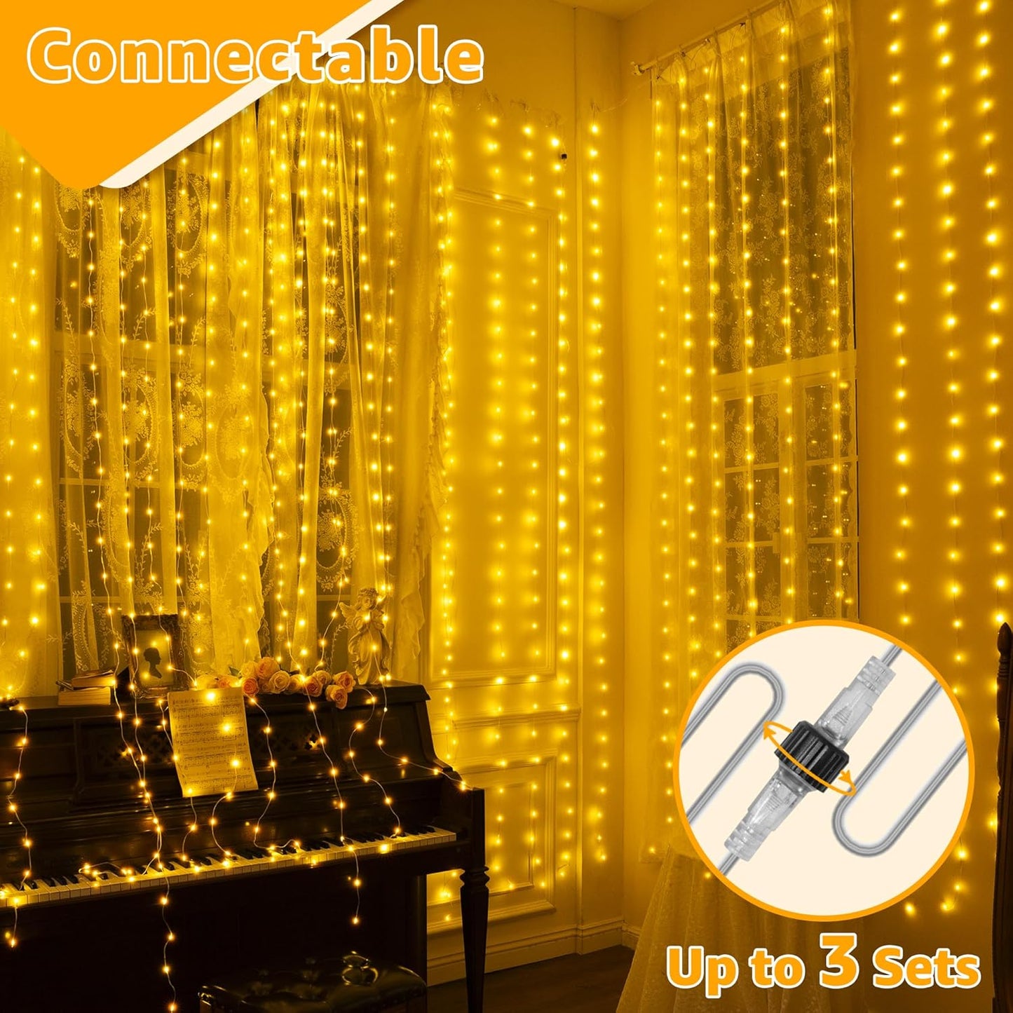 Ollny Curtain Lights 300LED 9.8ftx9.8ft, Connectable IP67 Waterproof Outdoor Curtain String Lights with Remote, Plug-in Untangle Fairy Lights with 8 Modes 3 Timers for Wall Backdrop Decor(Warm White)