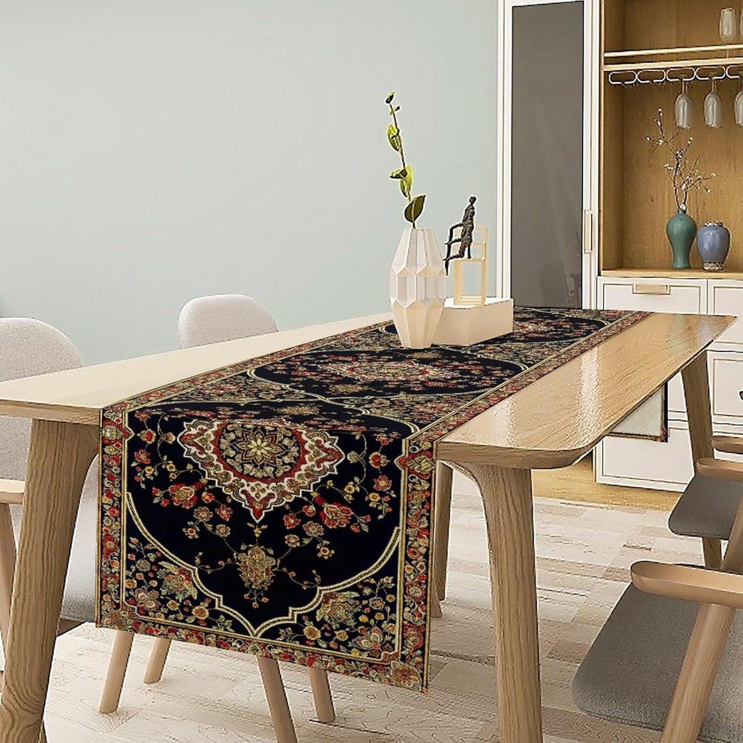 Vintage Boho Floral Table Runner, Rustic Country Farmhouse Black Bohemia Flower Pattern for Home Kitchen Table Decor Dining Cafe Room Wedding Party Decor 13x120in