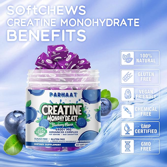 Creatine Monohydrate Chews Complex 6400mg for Men & Women -Advanced Formula W/L-Taurine + Vitamin B12, Sugar Free Chewable Supplement,60 Blueberry Softchews