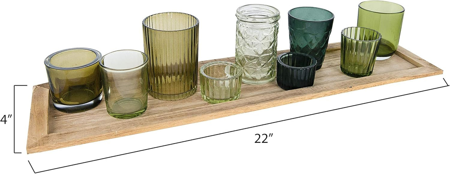 Creative Co-Op Wood Tray with 9 Green Glass Votive Holders