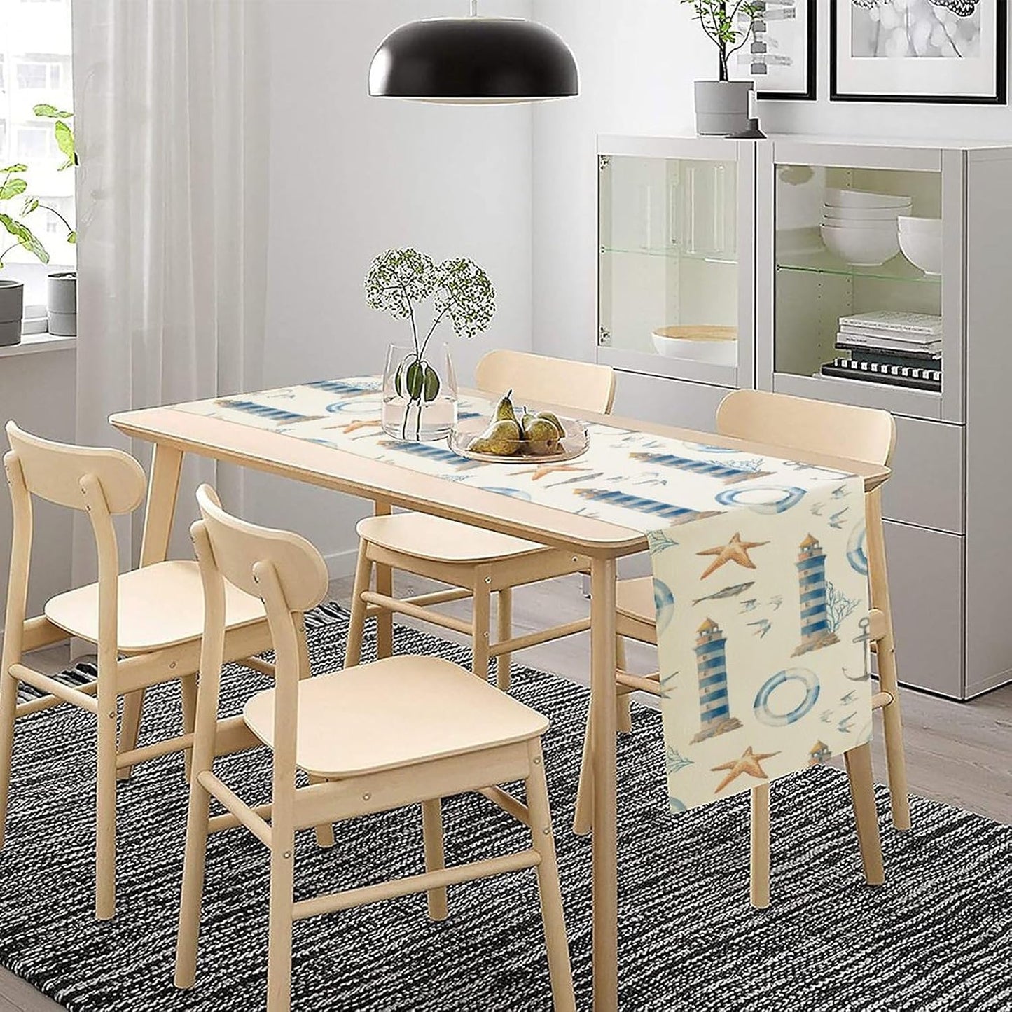 Blue Beach Table Runner, Tropical Ocean Coast Table Runner, Seashell Seasonal Nautical Restaurant Coffee Table Decorations for Home Holiday Party Indoor Outdoor 13x90 Inch