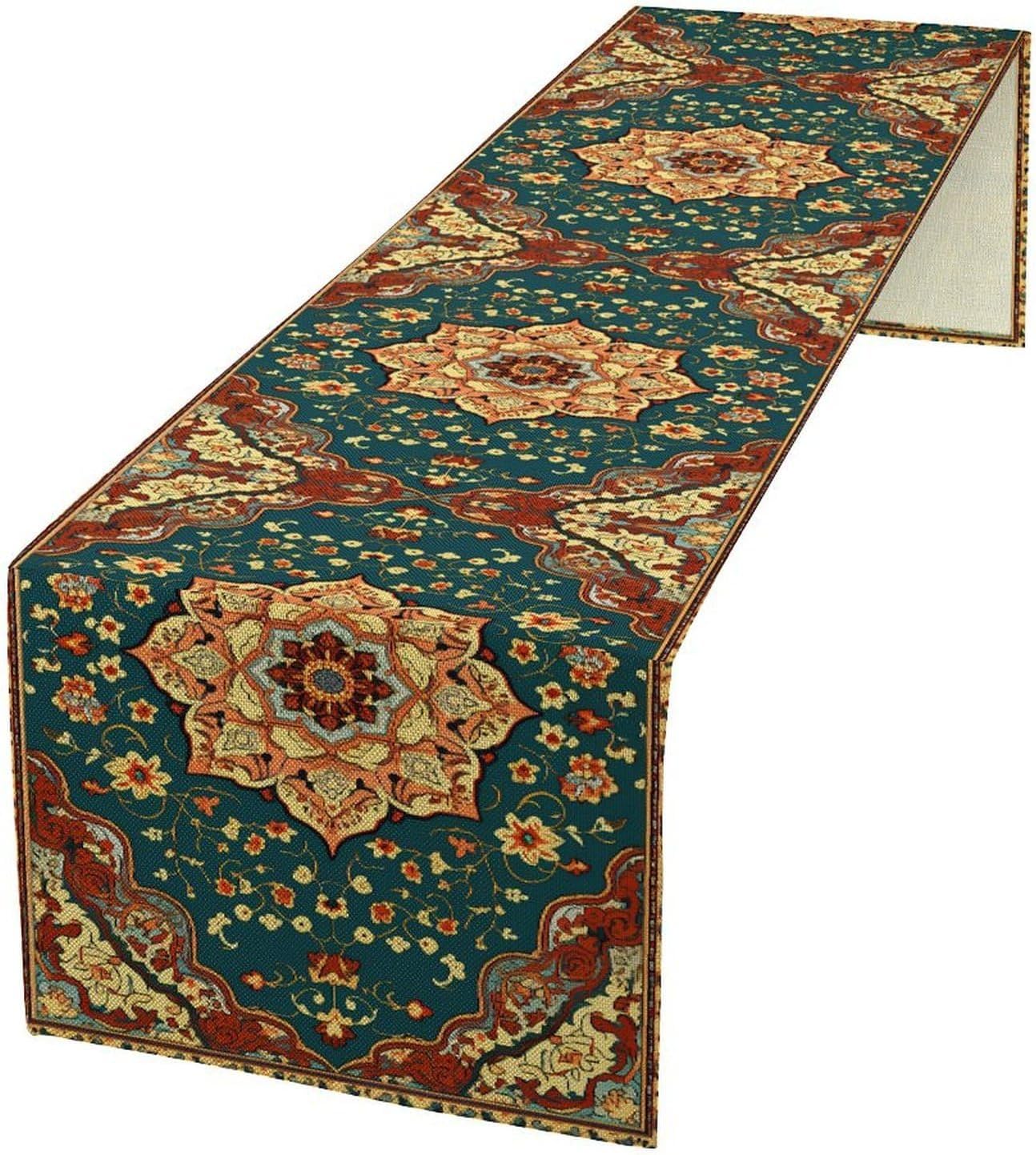 Boho Rich Table Runner, Vintage Blue Teal Gold Retro Flower Rustic Country Style Floral Print Pattern for Home Kitchen Table Decor Dining Coffee Room Garden Party Decor 13x120in