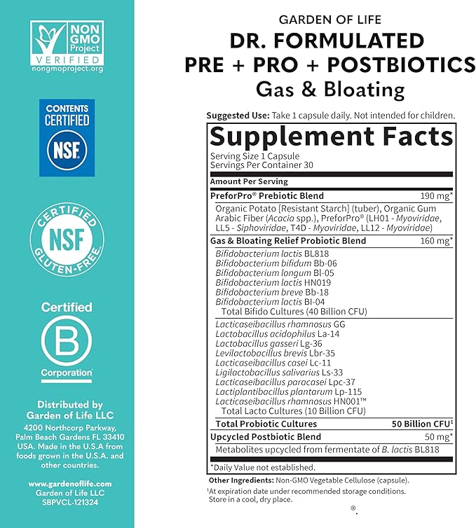 Garden of Life Dr Formulated Once Daily 3-in-1 Complete Prebiotics, Postbiotics & Probiotics for Women and Men - PRE + PRO + POSTBIOTIC Supplement for Gas & Bloating - 50 Billion CFU, 30 Day Supply
