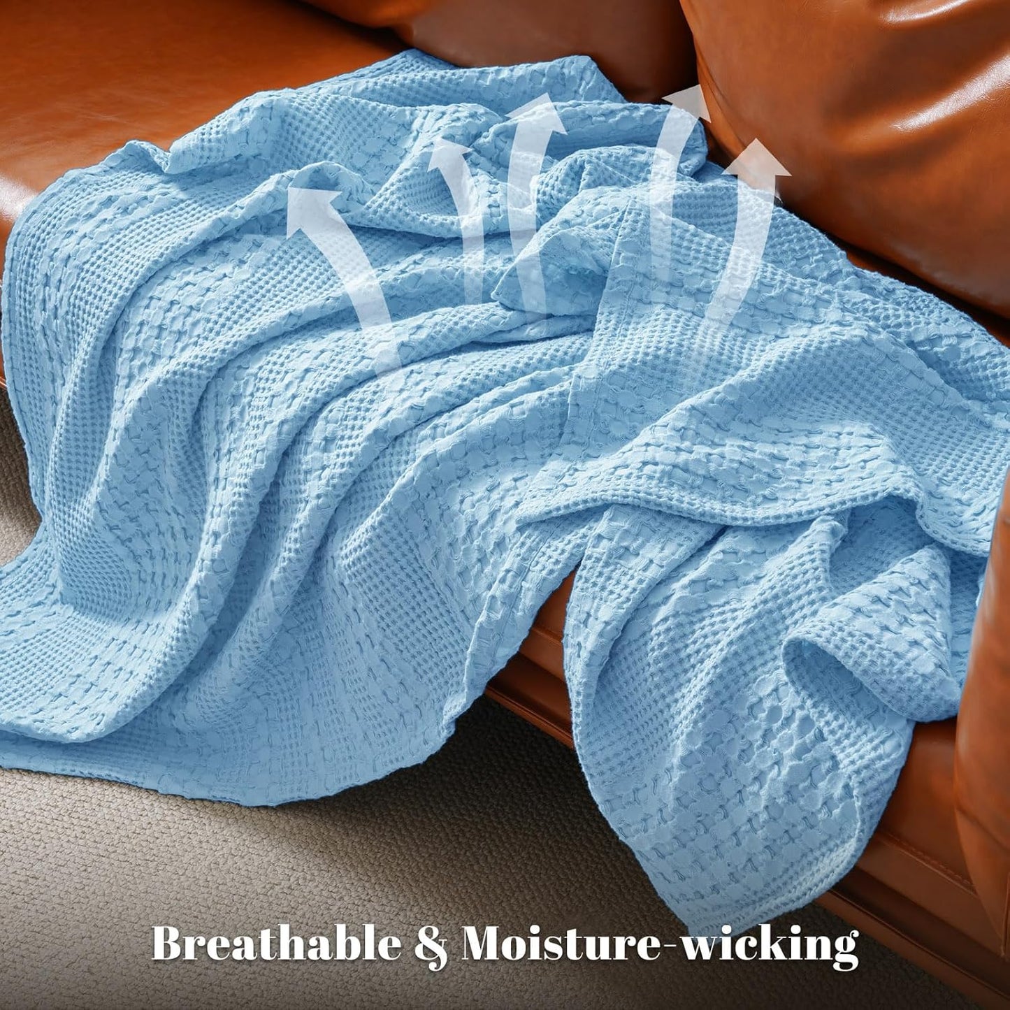 PHF 100% Cotton Waffle Weave Throw Blanket, Soft Lightweight Breathable Cozy Throws for Couch Bed Sofa, Luxury Aesthetic Woven Blanket for Home Decor & Office, 50"x60", Sky Blue