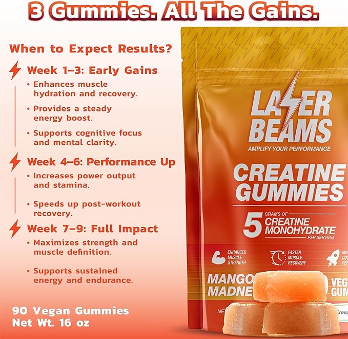 Creatine Monohydrate Gummies for Women & Men - 5g Creapure Creatine per Serving - Vegan, Mango Flavor - Boost Muscle Strength, Endurance, Recovery & Mental Focus (90 Gummies)