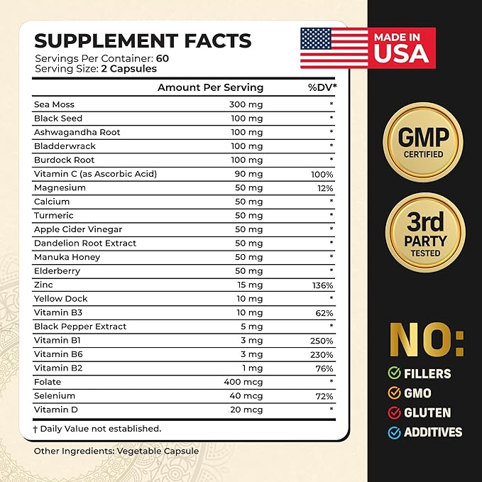 Alpha Tribe Multivitamin for Men with Sea Moss, Black Seed Oil, Ashwagandha, Turmeric Bladderwrack, Burdock,Vitamin C, Elderberry, Manuka, Yellow Dock | Daily Men's Vitamins and Minerals Supplement