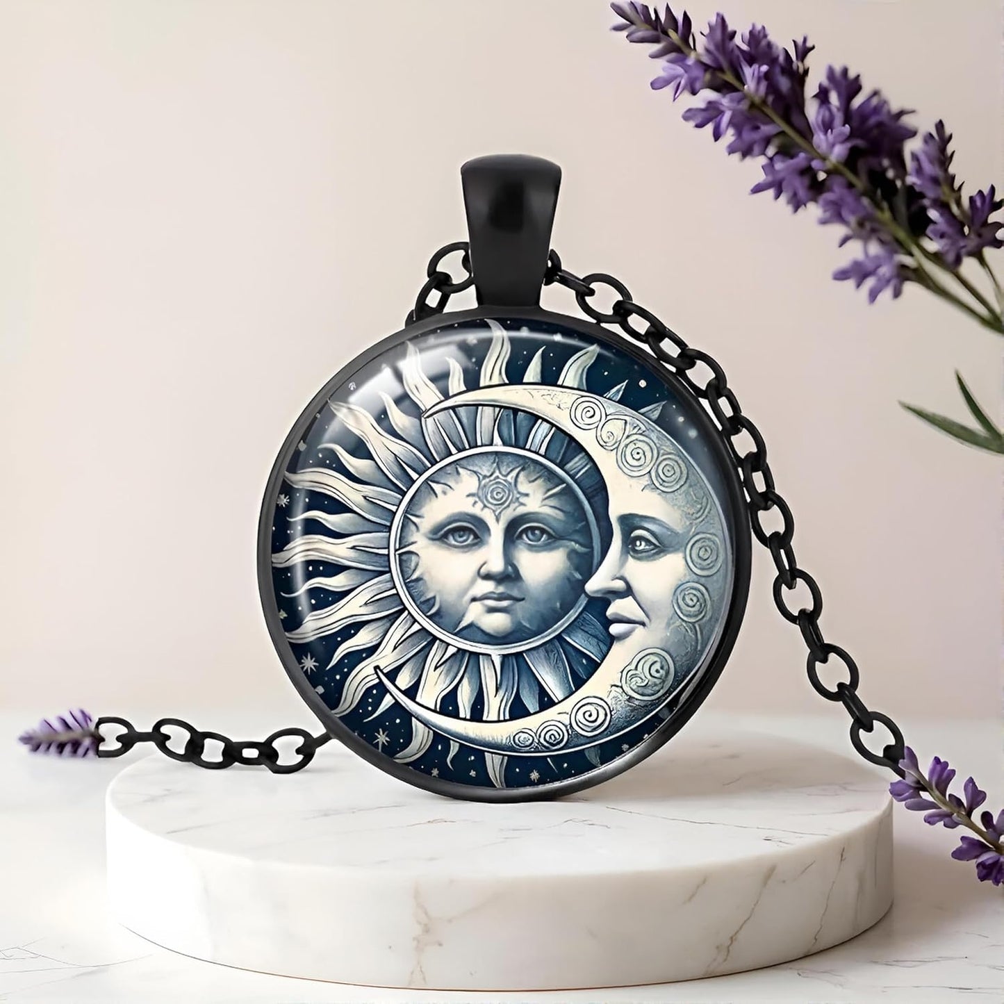 1pc Stunning Round Pendant Necklace - Unique Sun & Moon Pattern, Oil Painting Style Glass Mosaic, Alloy Construction, Trendy Sweater Chain, Fashionable Gift for Women - Christmas or Birthday Gift