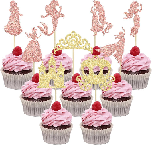 Gyufise 36Pcs Princess Cupcake Toppers Glitter Mermaid Girl Castle High Heel Crown Cupcake Picks Princess Theme Baby Shower Girls Birthday Party Cake Decorations Rose Gold