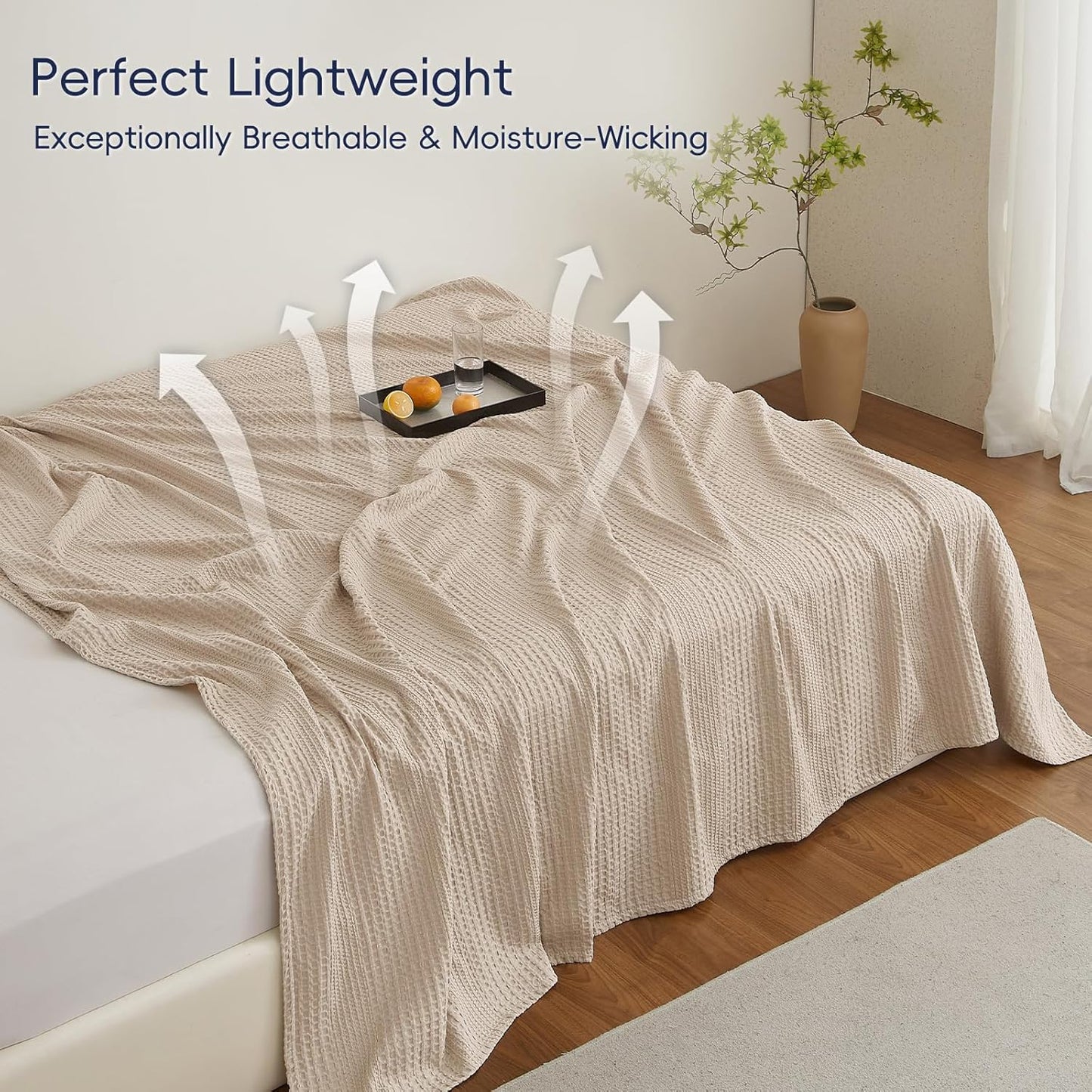 PHF Lightweight Waffle Weave Blanket King Size, Breathable & Ultra Soft, 104"x 90" Soft & Cozy Thin Blanket for All Season & Hot Sleepers, Bed, Home Decor - Light Tan
