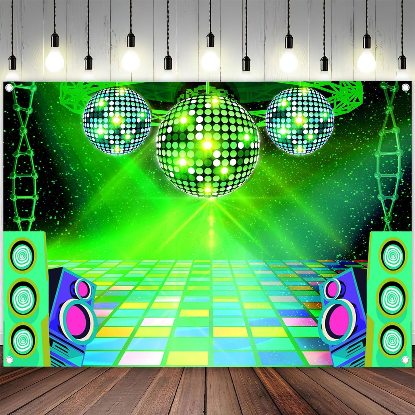 Dance Party Backdrop Retro 80s 90s Theme Stage Dance Ball Music Birthday Party Decoration DJ Photography Background 12 x 10 ft for Baby Shower Picture Photo Shoot Polyester Fabric, Green