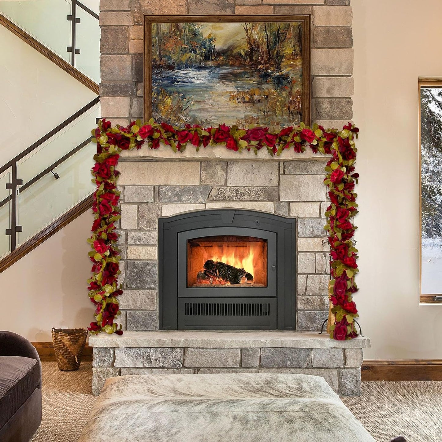 8Pcs 63Ft Burgundy Rose Garland, Fake Rose Hanging Flowers, Artificial Flower Vine, Hanging Floral Vine Garland for Wedding, Birthday Party, Wall Arch, Halloween, Christmas Garden Backdrop Decor