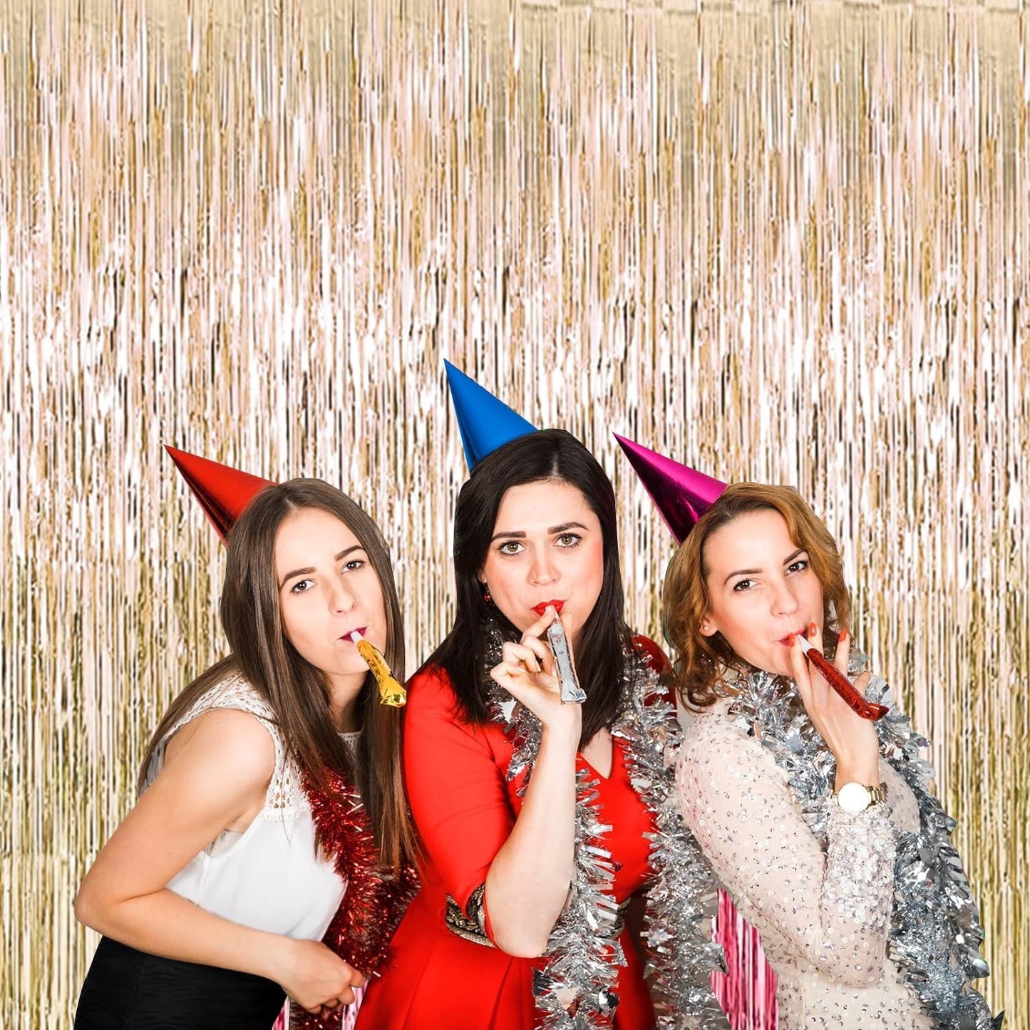 4P Metallic Foil Fringe Tinsel Table Skirts for Rectangle Tables Backdrop Banner Streamer Garland Curtains for Parade Floats Wedding Graduation Anniversary Birthday Parties Decoration (Champagne)