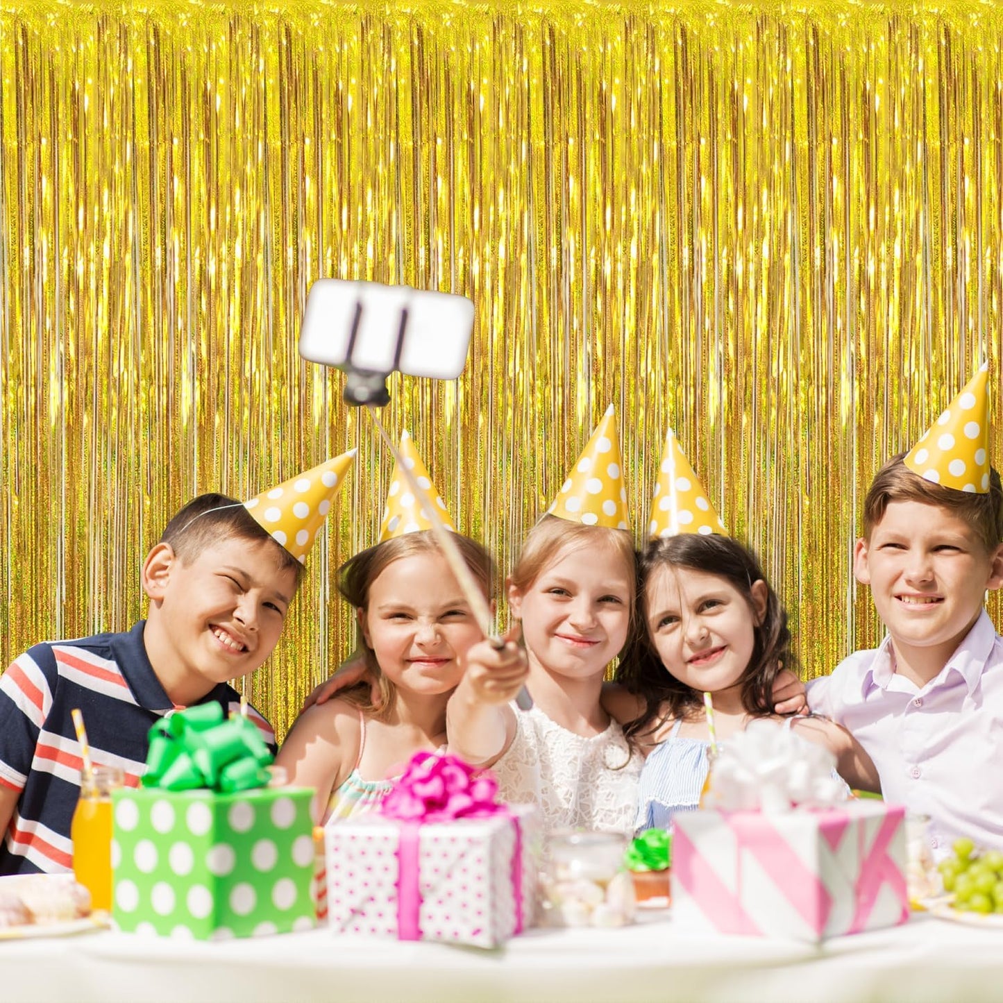 GOER 6.4 ft x 8.2 ft Metallic Tinsel Foil Fringe Curtains,Pack of 2 Party Streamer Backdrop for Birthday,Graduation Decorations and New Year Eve (Shiny Gold)