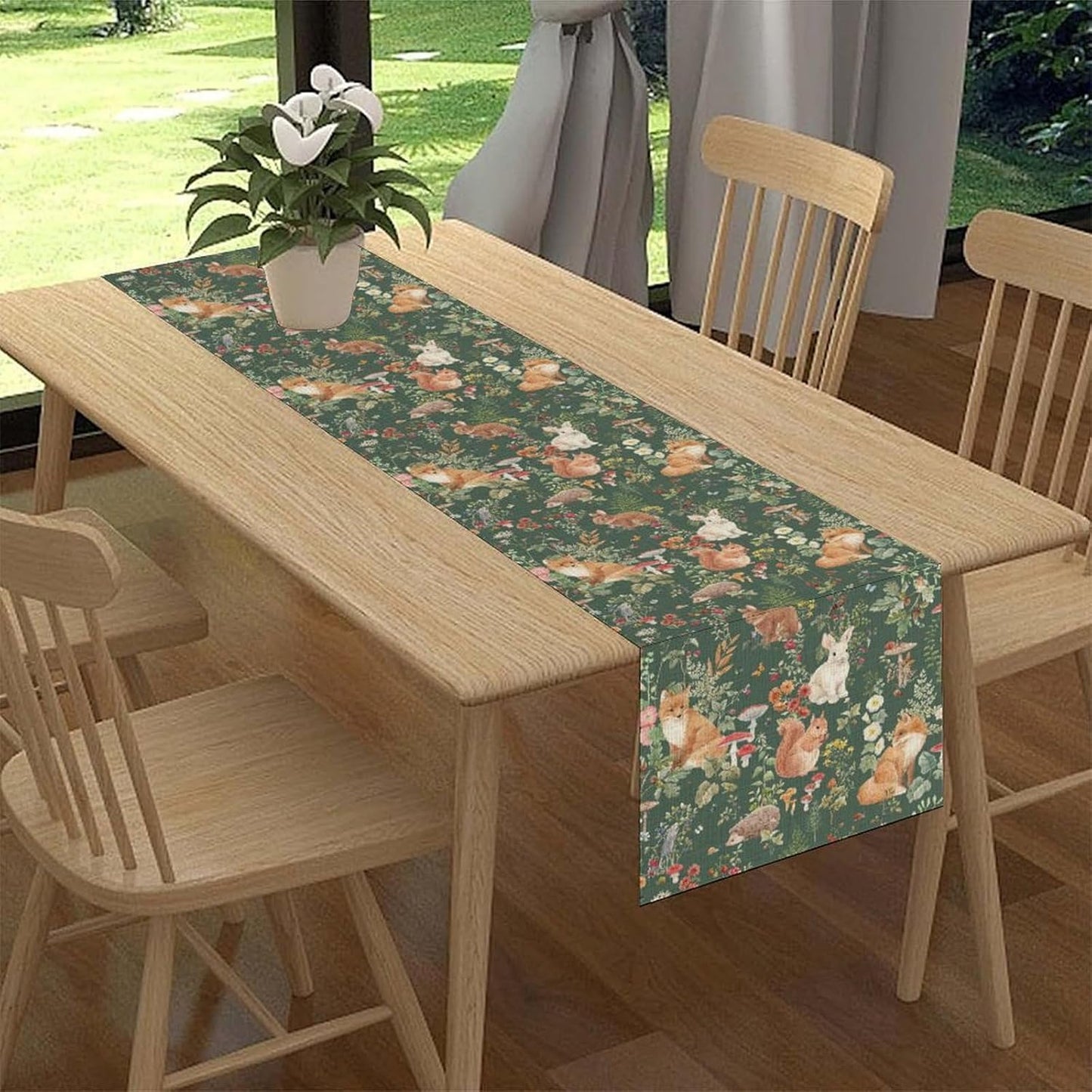 Rustic Forest Table Runner, Farmhouse Wild Woodland Animals Country Deer Fox Rabbits Watercolor Table Center Decor for Home Kitchen Dining Patio Holiday Party Outdoor Table Decorations, 13"x90" Inch