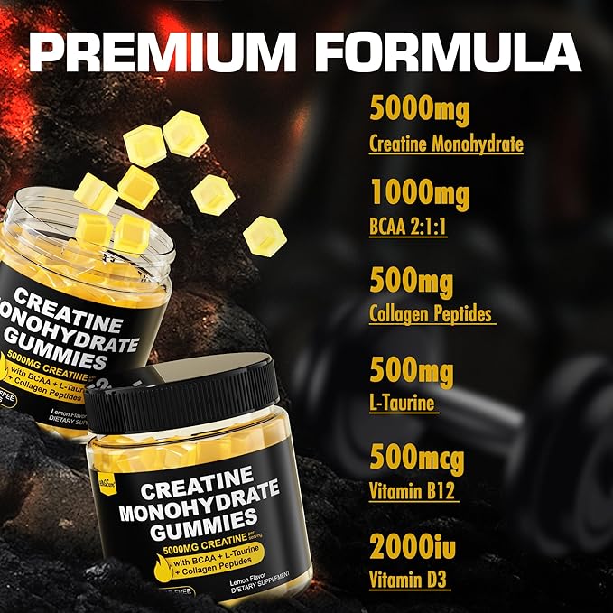Creatine Monohydrate Gummies for Men & Women - with BCAA, Collagen Peptides, L-Taurine, Vitamin B12, D3, Chewables Creatine Monohydrate 5g Per Serving, Natural Lemon Flavor, Sugar Free, 2 Pack