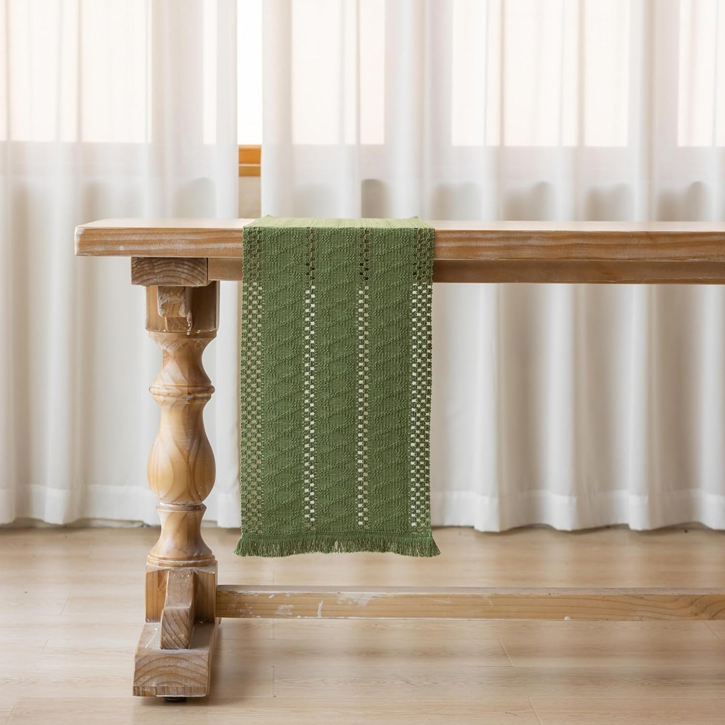 Boho Sage Green Table Runner for Home Decor 12x72 Inches Farmhouse Macrame Burlap Jute Rustic Dining Kitchen Centerpiece Bohemian Decor French Country Baby Bridal Shower Decorations