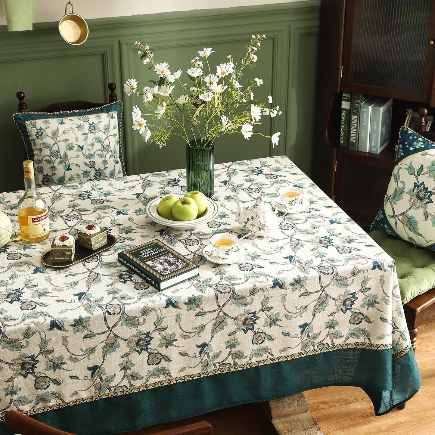 patdrea Designer Green Small Linen Table Cloth for Rectangle Table,Vintage Floral Pattern Durable Extra Long Tablecloth,French Decor for Kitchen Dining,Christmas,Thanksgiving,Party,67"x118"-Noah