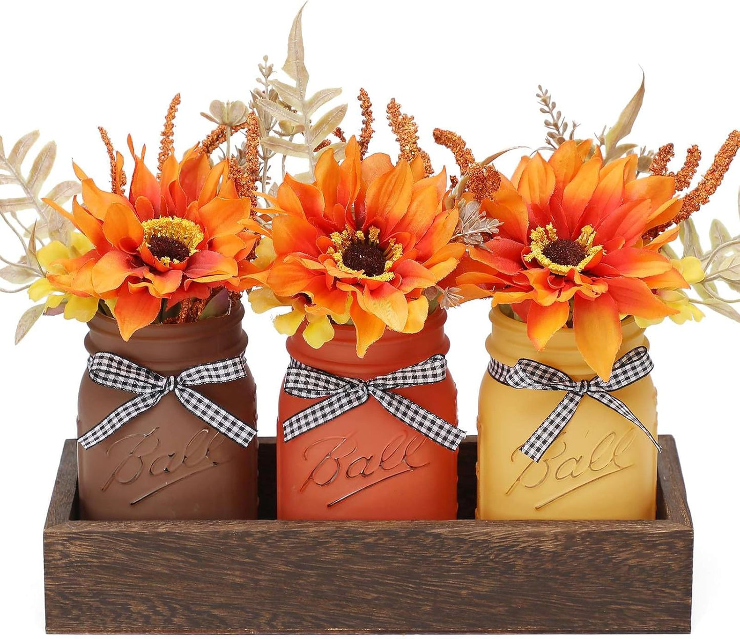 Fall Mason Jar Centerpiece for Table with Artificial Flowers, Set of 3 Thanksgiving Mason Jars Farmhouse Painted Decorative Jars for Thanksgiving Fall Home Decor, Thanksgiving Dinner Table Centerpiece