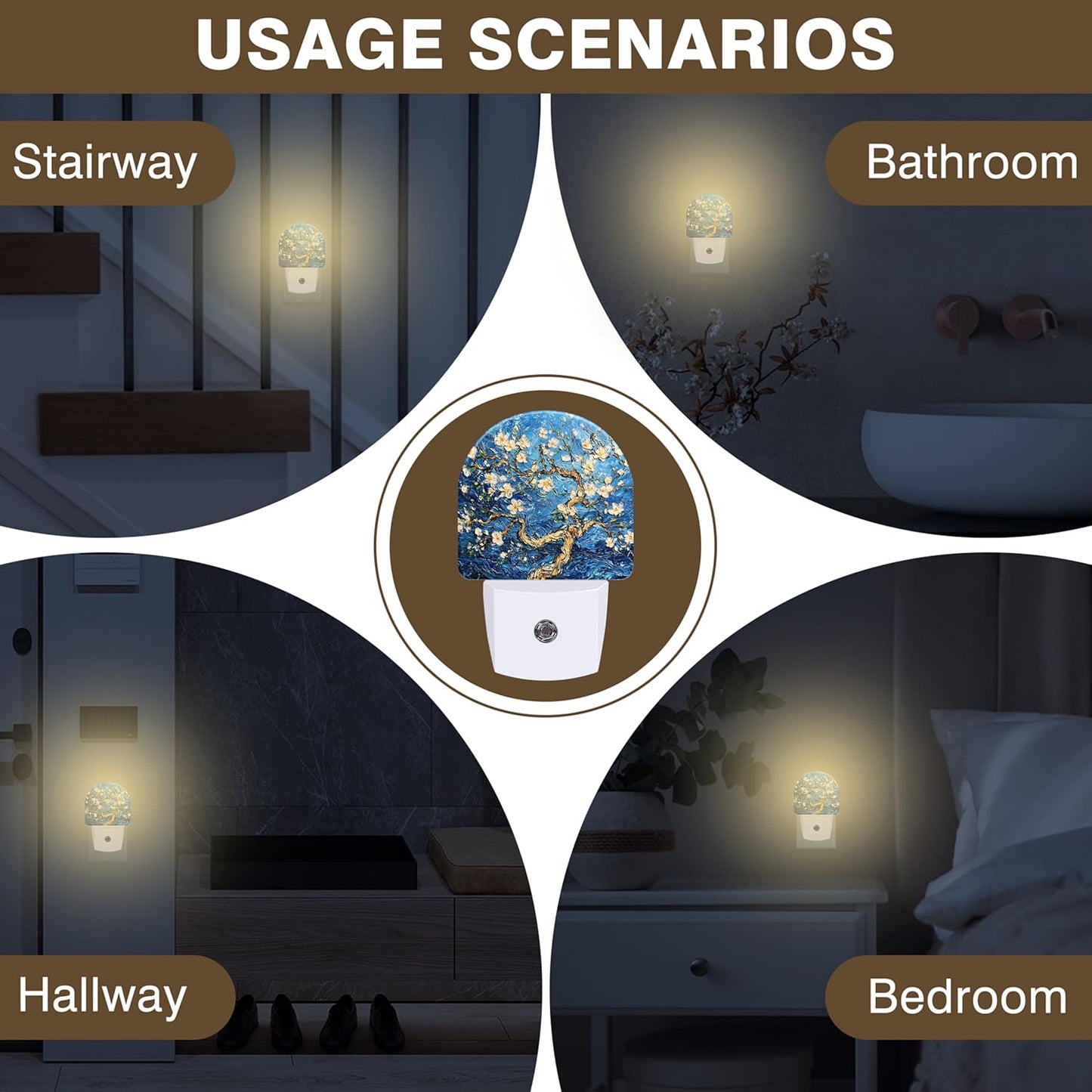 Night Lights Plug into Wall Almond Tree in Blossom Night Light Dusk to Dawn Smart Sensor Decorative Round Led Lamp for Bedroom Kitchen Hallway Nightlight for Women Men