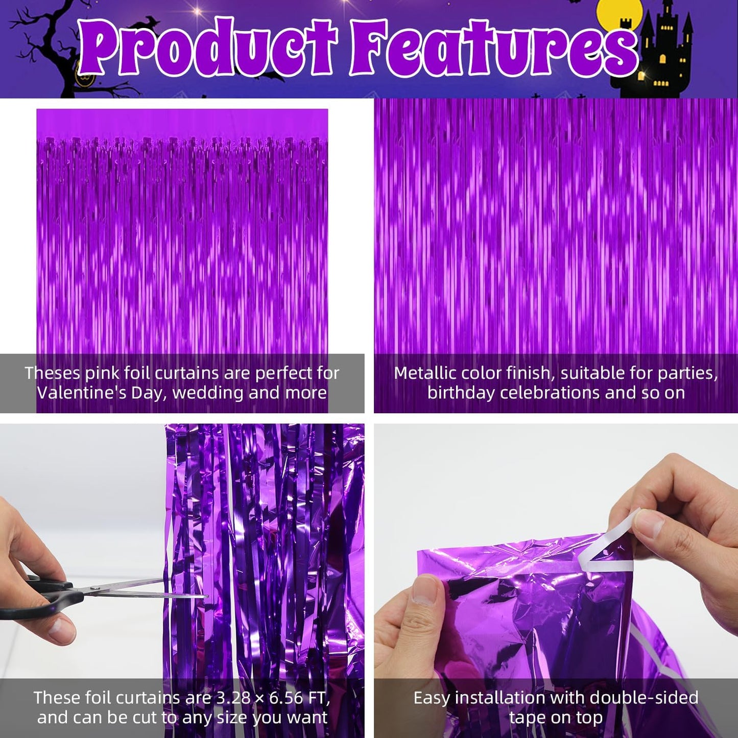 3 Pack Purple Backdrop Tinsel Streamers Foil Fringe Backdrop Halloween Party Decorations Purple Backdrop Curtain Birthday Graduation Bachelorette Christmas New Year Party Decorations