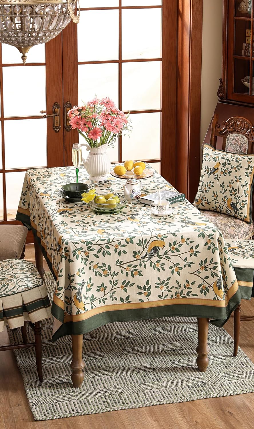 patdrea Designer French Table Cloth for Rectangle Table,Vintage Green Linen Birds and Leaves Pattern Tablecloths,Dacorative Cover Kitchen Dining,Christmas,Thanksgiving,Tea Party,55"x79"-Warbler