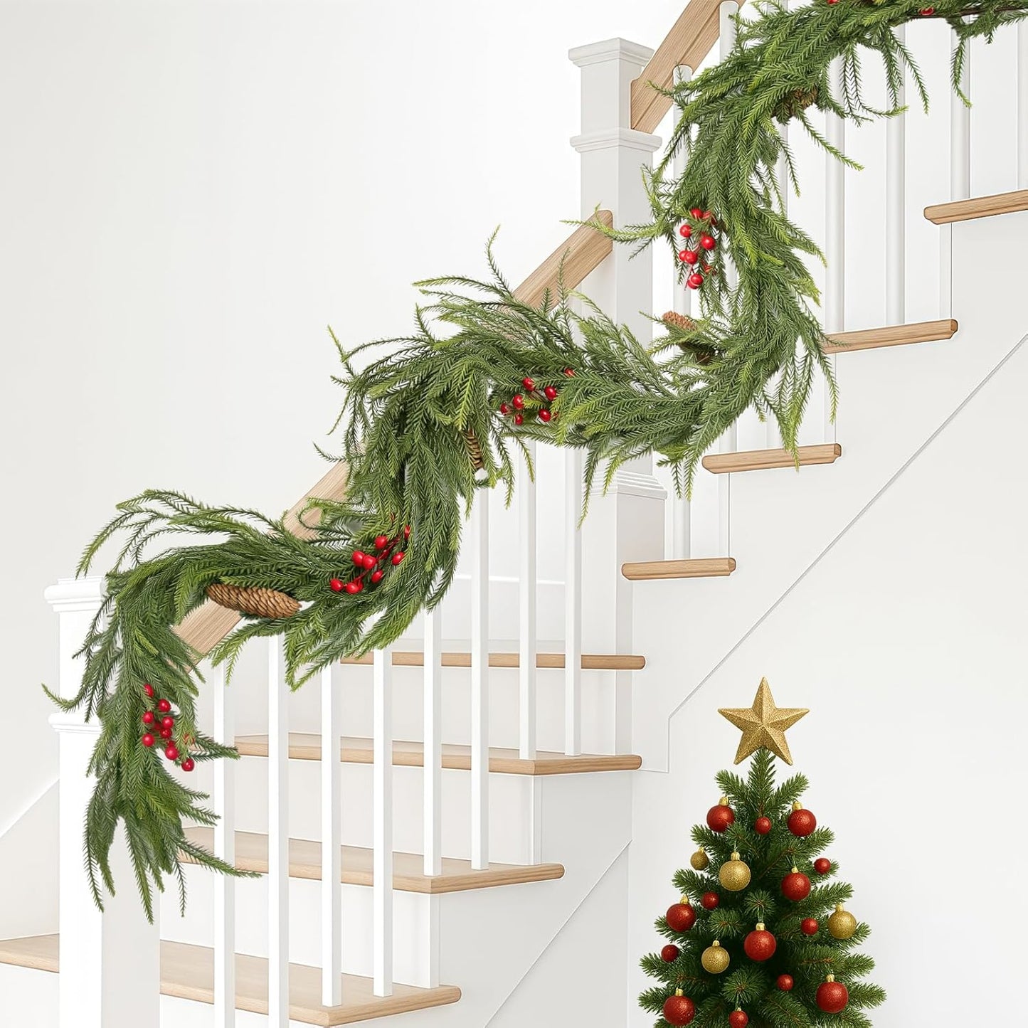 6FT Norfolk Pine Garland Christmas Artificial Greenery with Red Berries Cones, Pine Tree Decor for Mantel Fireplace Stair Rail Doorway Table, Indoor Outdoor Winter Christmas Decorations