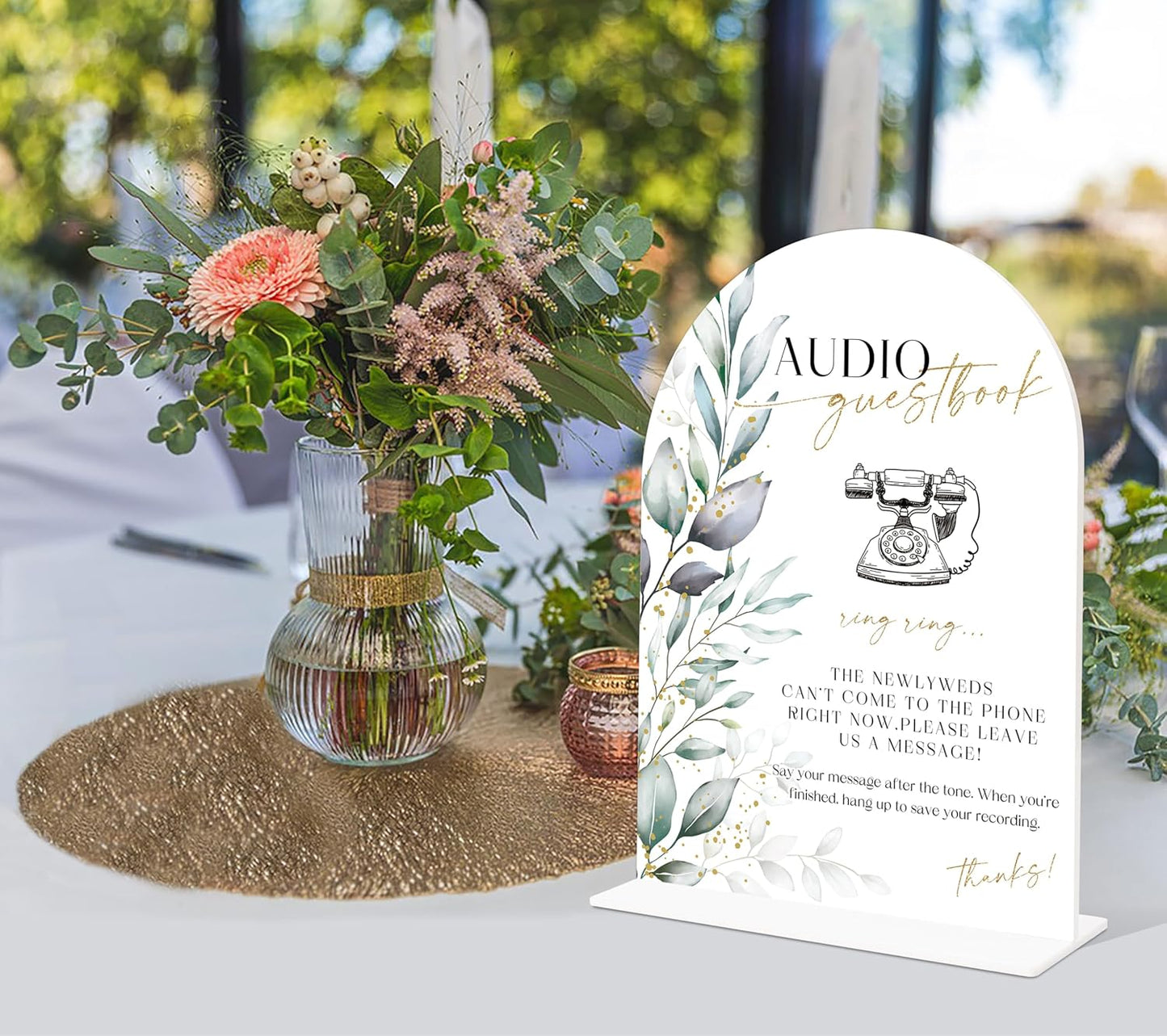 Acrylic Wedding Signs, Greenery Theme Audio Guestbook Sign, Wedding Reception Signage, Bridal Shower Table Decor with Stand, Engagement, Anniversary, Newlywed Events and Parties Supplies, 16