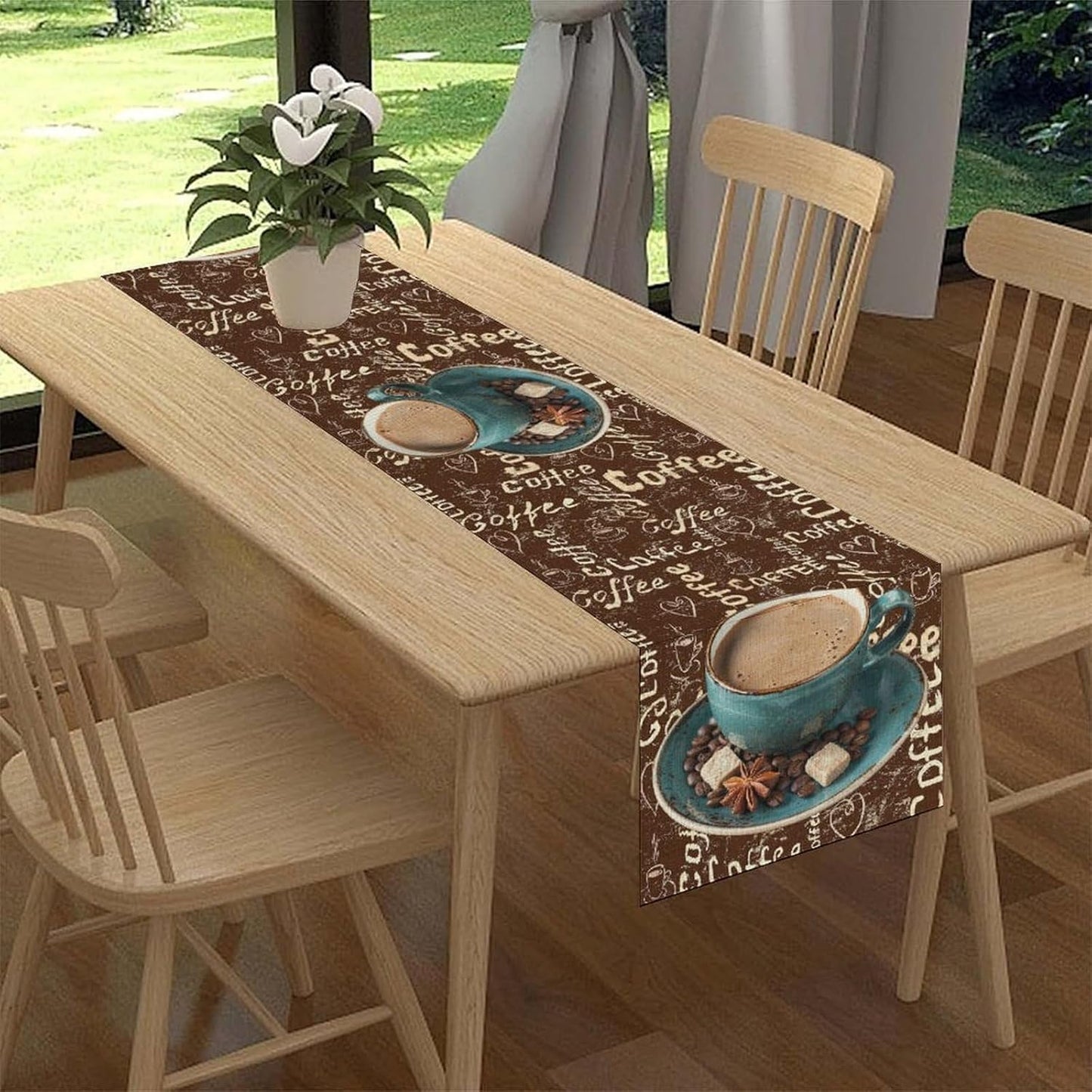 Coffee Theme Table Runner, Farmhouse Retro Brown Coffee Cup Tea Party Rustic Cafe Table Center Decor for Home Kitchen Dining Patio Holiday Party Indoor Outdoor Table Decorations,13"x108" Inch
