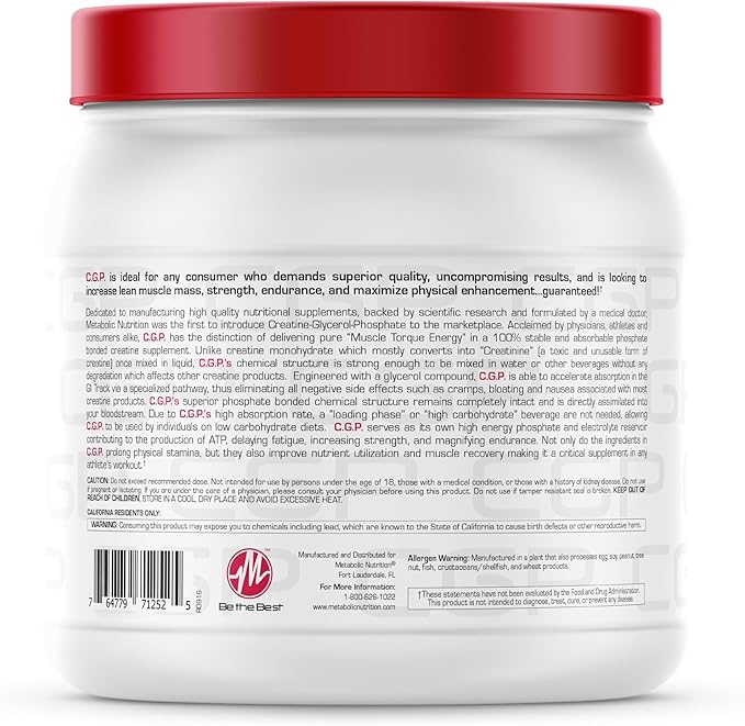 Metabolic Nutrition, CGP, Creatine Glycerol Phosphate, 100% Micronized Creatine Powder, Pre Intra Post Workout Supplement, Fruit Punch, 400 Grams (40 Servings)