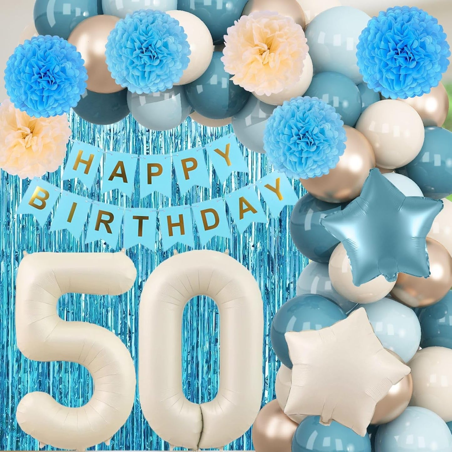 Dusty Blue 50th Birthday Party Decorations for Women Men Beige Cream Number 50 Balloon with Blue Gold Happy Birthday Banner Fringe Curtain Paper Pom Poms Nude White Sand Champagne Star Foil Balloons
