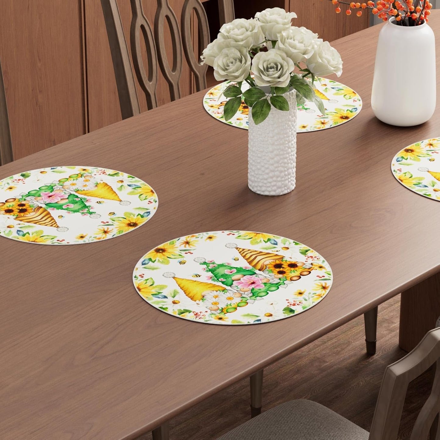 XCHI Daisies Flowers Gnomes Spring Round Placemats Set of 4 Table Mats Summer Seasonal Table Decorations 14x14 Inch