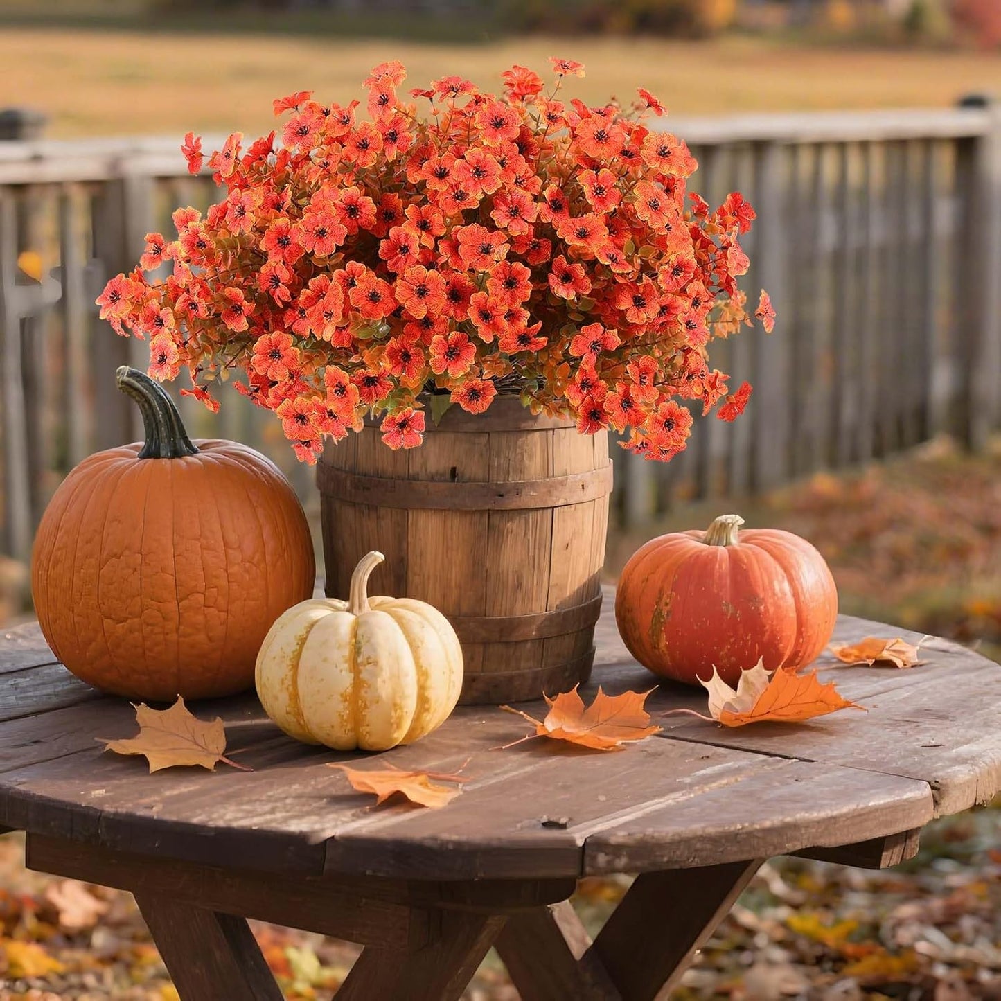 Hananona 36 Pcs Artificial Mum Flowers for Outdoors, Faux Fall Mums Silk Flower for Outside, Fake Orange Flowers for Fall Patio Front Door Planter Autumn Halloween Home Decorations (36, Orange)