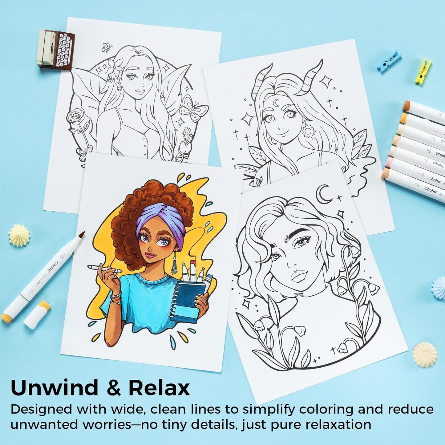 Ohuhu Double-Sided Bleedproof Coloring Book for Alcohol Markers - 8"x10" Portraits of Joy Coloring Book - 20 Sheets/40 Patterns - Top Spiral-Bound Design - Stress-Relieving Gift for Adults Teens Women