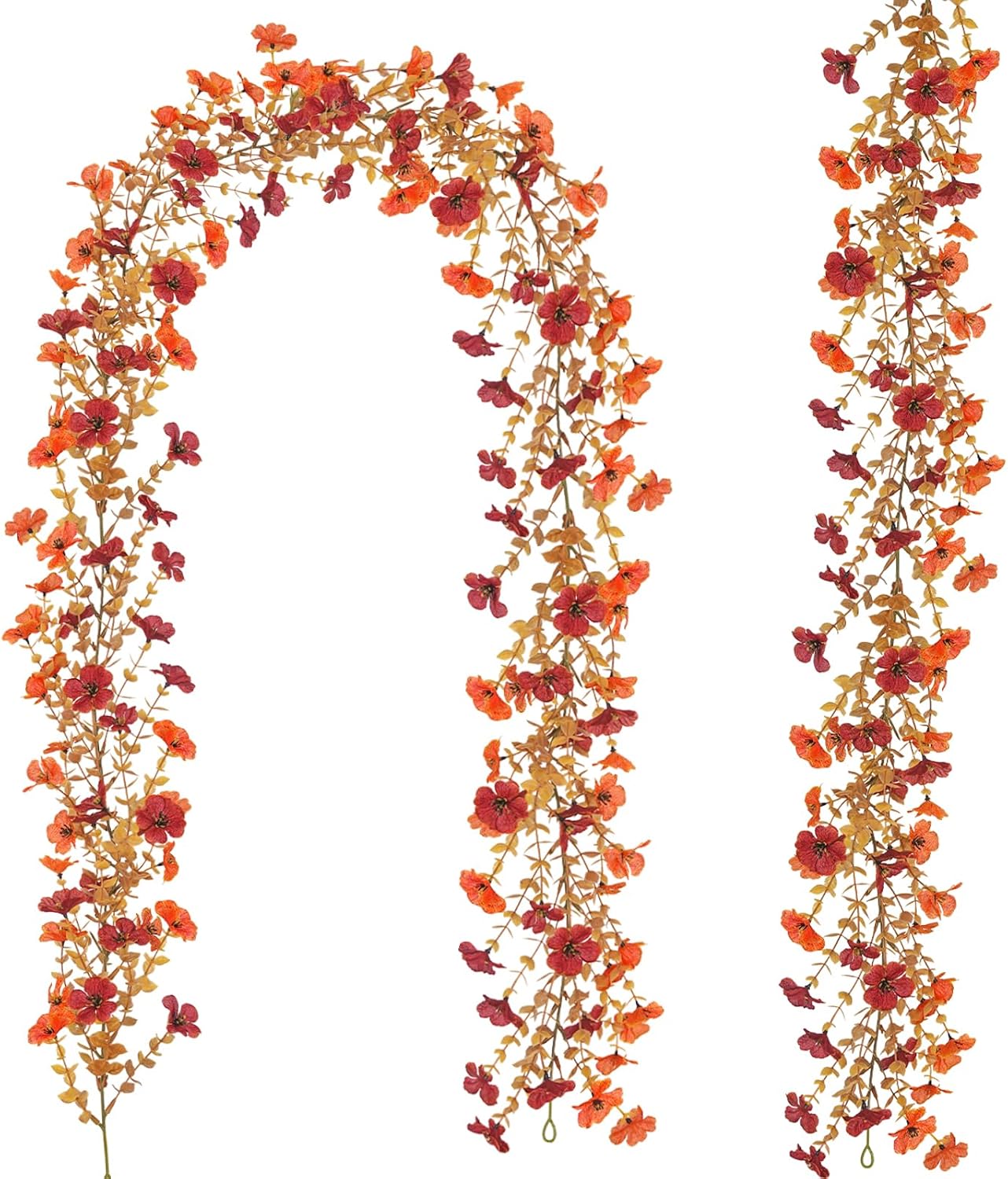 2 Pack Artificial Fall Flowers Garland, 6 FT Fall Decorations UV Resistant Fake Mums Floral Vines Faux Hanging Flower Ivy Garland for Home Party Table Wall Mantel Decor (Orange + Dark Red)