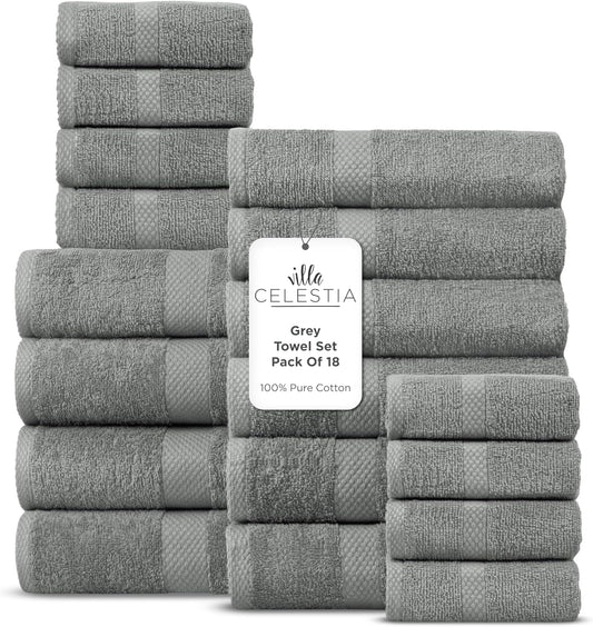 100% Cotton Bath Towel Set of 18-4 Bath Towels, 6 Hand Towels, 8 Wash Cloths, Sustainable, Soft, Highly Absorbent, Combed Cotton 18 Piece Set for Hotels, Spa, Bathroom, Dorm, Grey